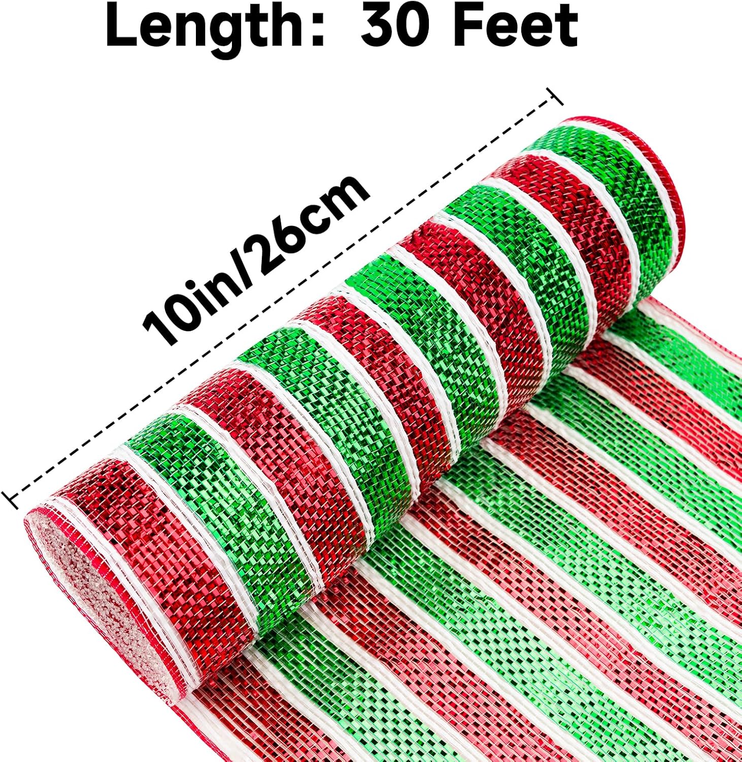 Red and Green Mesh Ribbon - 10 Inch Metallic Foil Stripe Decor for Christmas Tree, Wreaths, DIY Crafts, Valentine's Day - Image 2