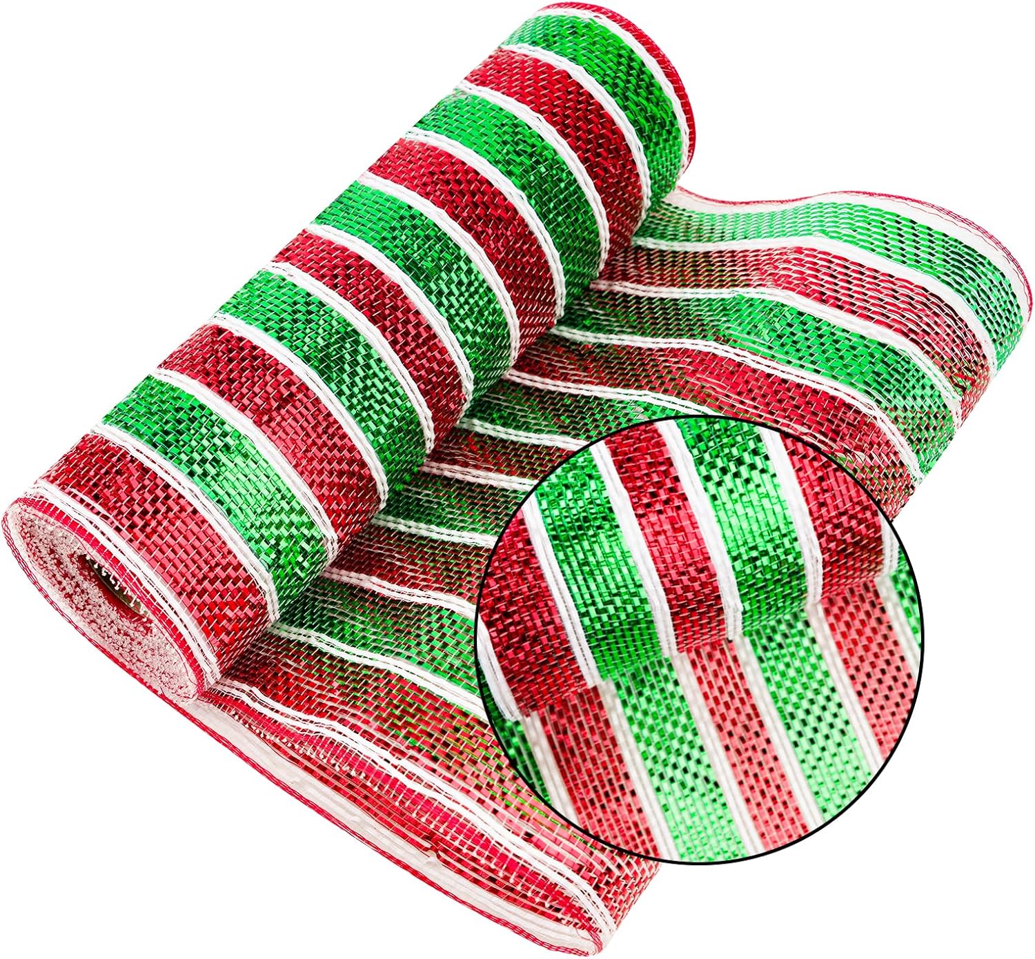 Red and Green Mesh Ribbon - 10 Inch Metallic Foil Stripe Decor for Christmas Tree, Wreaths, DIY Crafts, Valentine's Day - Image 3