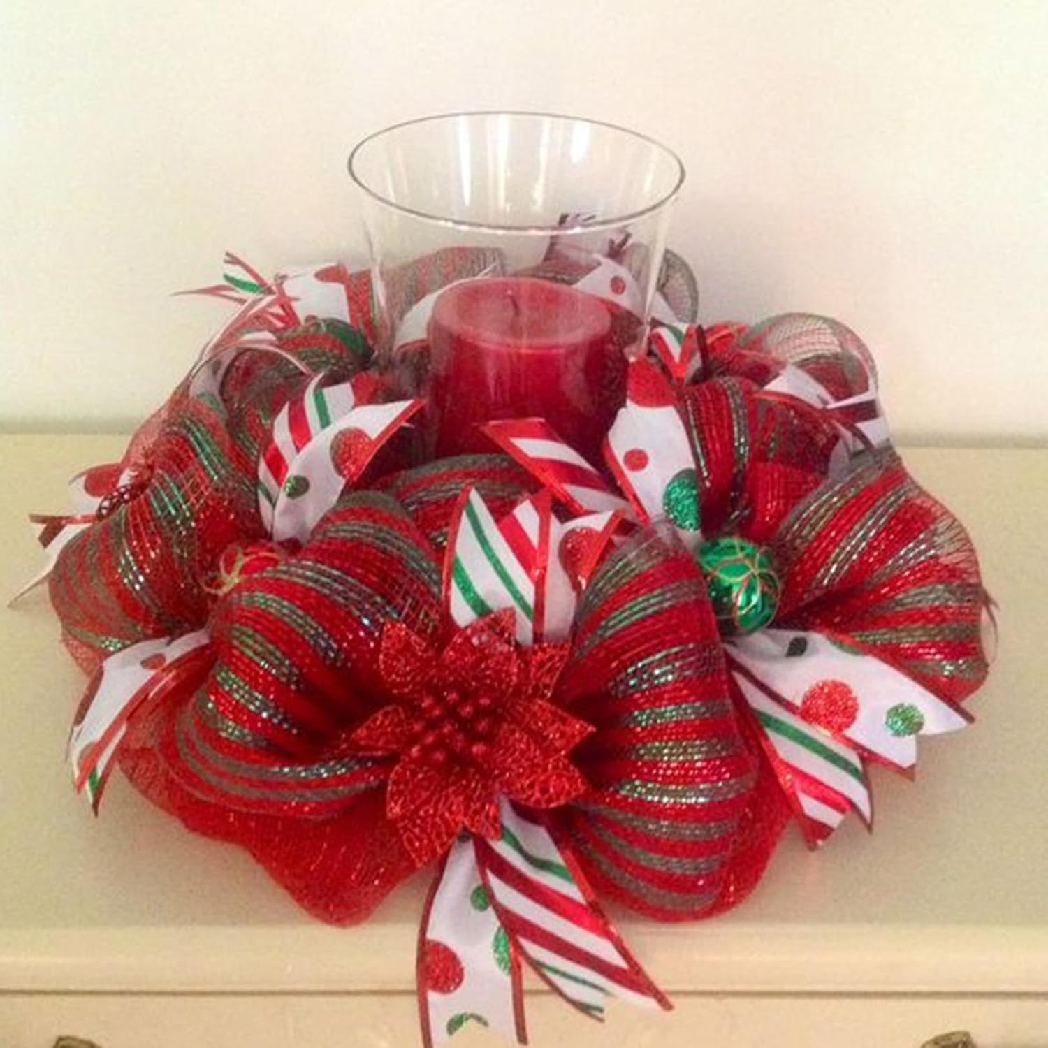 Red and Green Mesh Ribbon - 10 Inch Metallic Foil Stripe Decor for Christmas Tree, Wreaths, DIY Crafts, Valentine's Day - Image 6