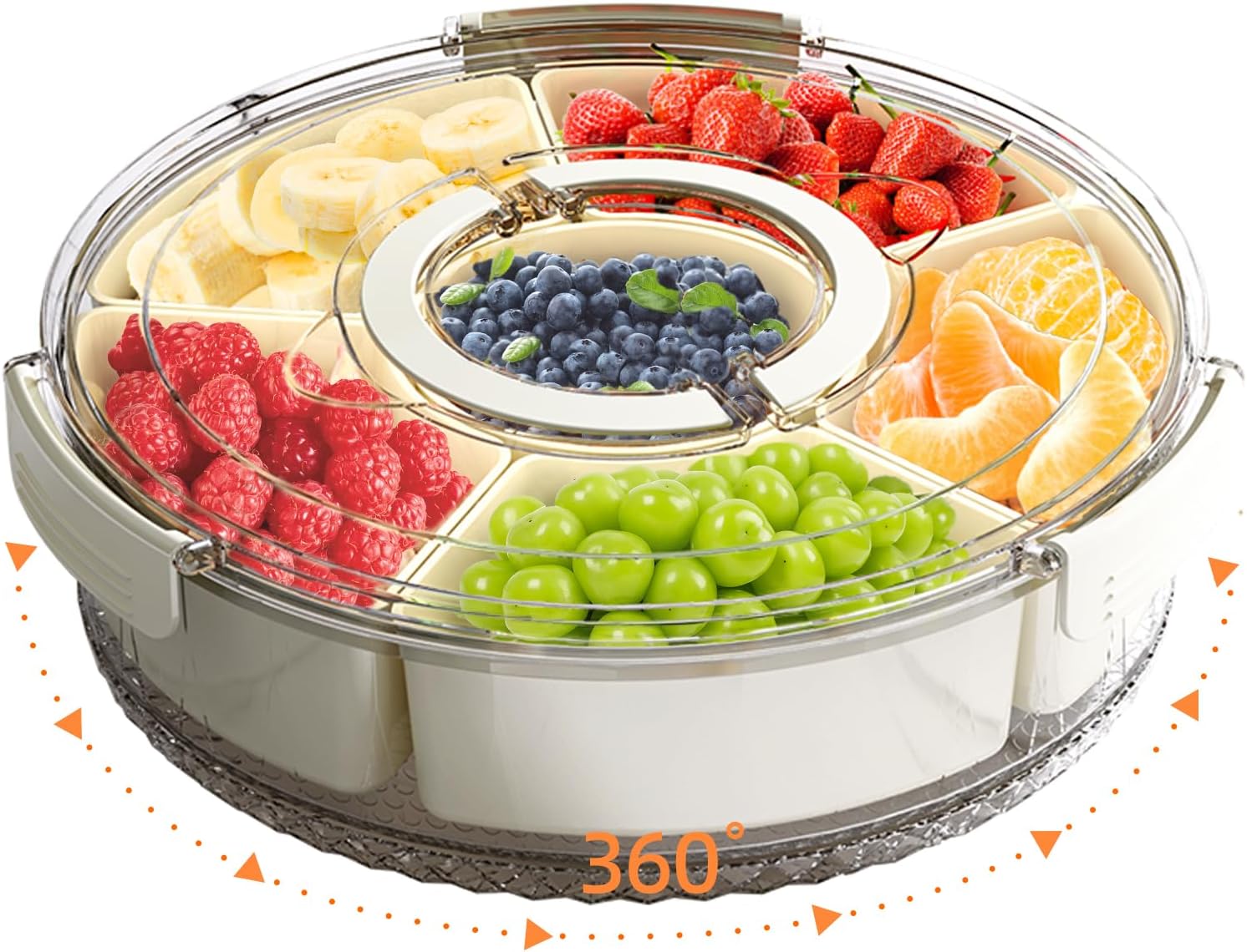 Divided Serving Tray with Lid and Handle, Stackable Snackle Box Container for Fruits Candy Organizer, Portable Spinning Rounded Veggie Tray for Kitchen, Party, Trave and Picnic-1 PACK - Image 1