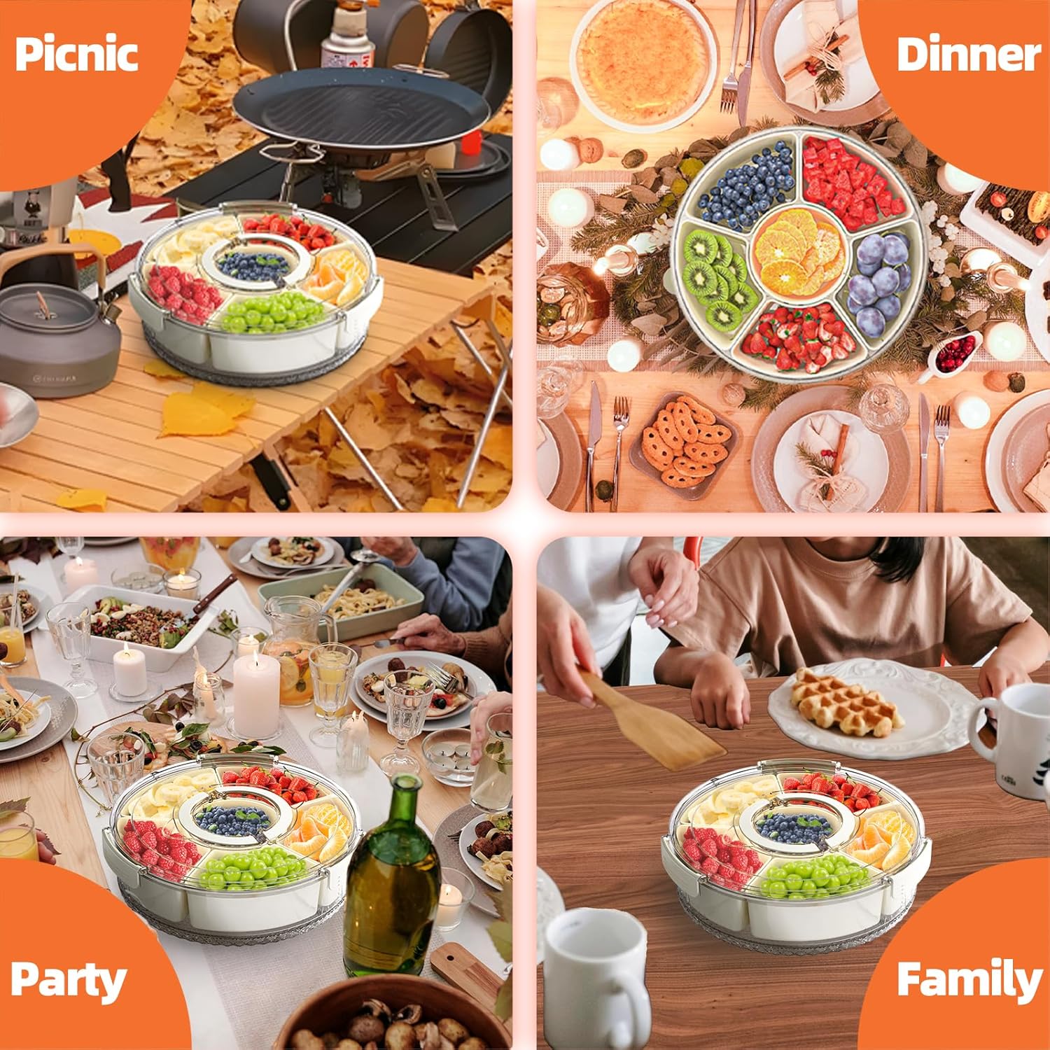 Divided Serving Tray with Lid and Handle, Stackable Snackle Box Container for Fruits Candy Organizer, Portable Spinning Rounded Veggie Tray for Kitchen, Party, Trave and Picnic-1 PACK - Image 5