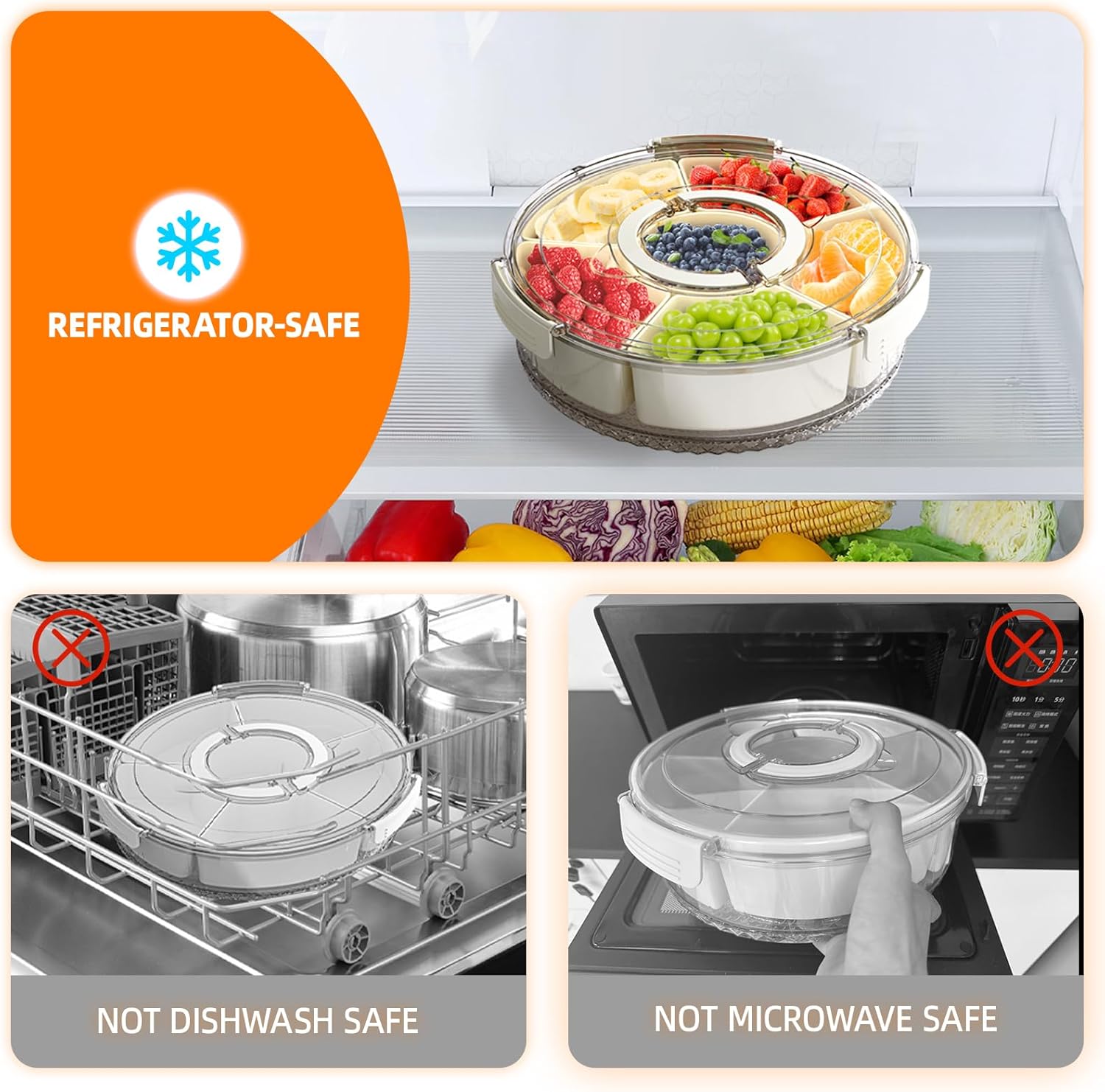 Divided Serving Tray with Lid and Handle, Stackable Snackle Box Container for Fruits Candy Organizer, Portable Spinning Rounded Veggie Tray for Kitchen, Party, Trave and Picnic-1 PACK - Image 6