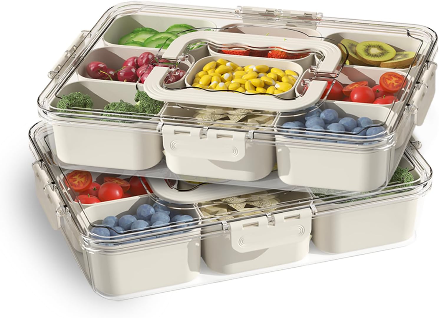 Snackle Box Container, Portable 9 Compartments Divided Serving Tray with Lid and Handle, Clear Snack Box, Stackable Snack Platters Organizer for Fruits, Candies, Vegetables, Nuts-2 PACK - Image 1