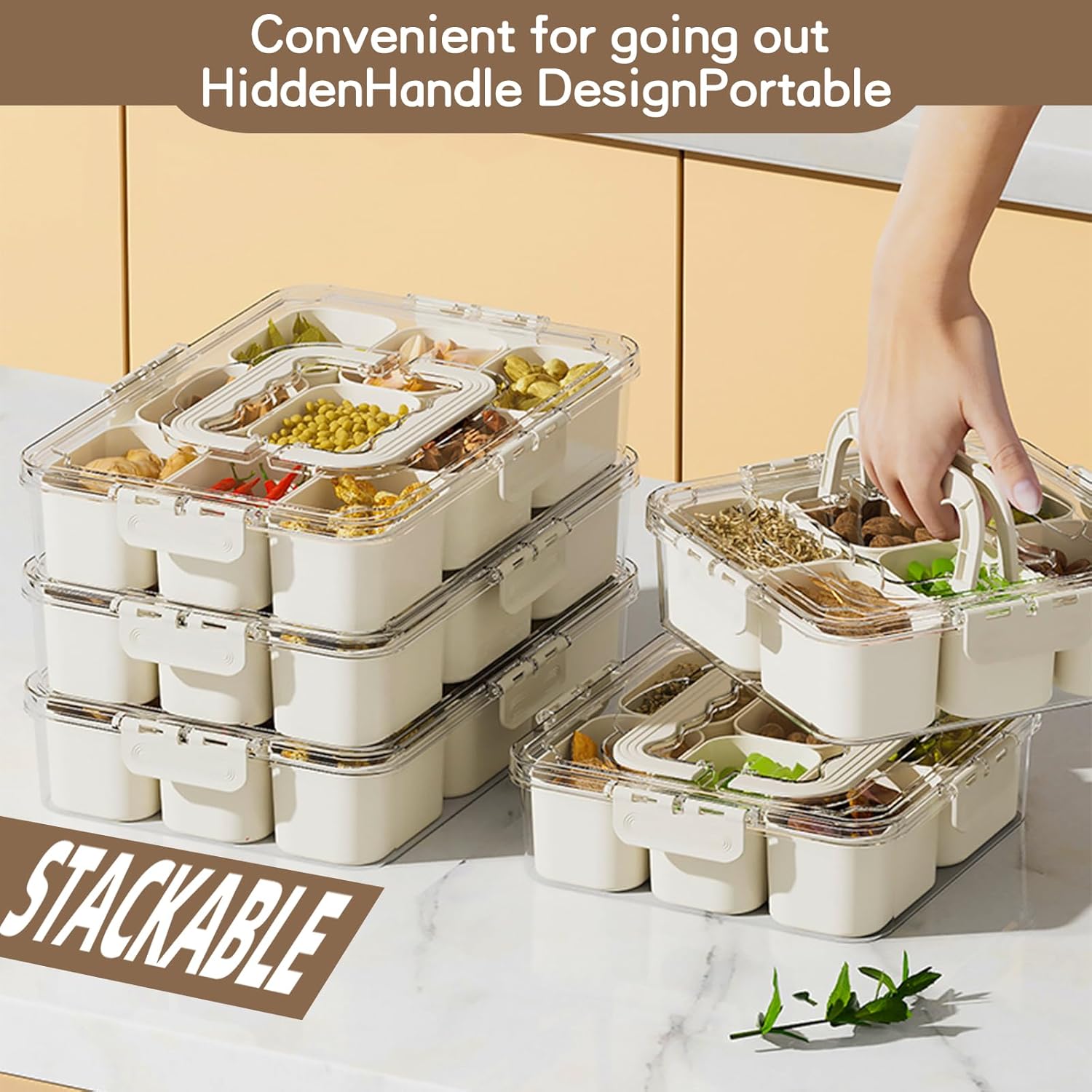 Snackle Box Container, Portable 9 Compartments Divided Serving Tray with Lid and Handle, Clear Snack Box, Stackable Snack Platters Organizer for Fruits, Candies, Vegetables, Nuts-2 PACK - Image 3