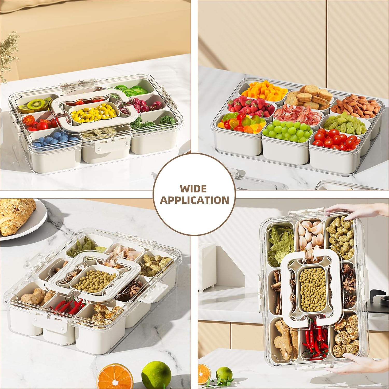 Snackle Box Container, Portable 9 Compartments Divided Serving Tray with Lid and Handle, Clear Snack Box, Stackable Snack Platters Organizer for Fruits, Candies, Vegetables, Nuts-2 PACK - Image 5