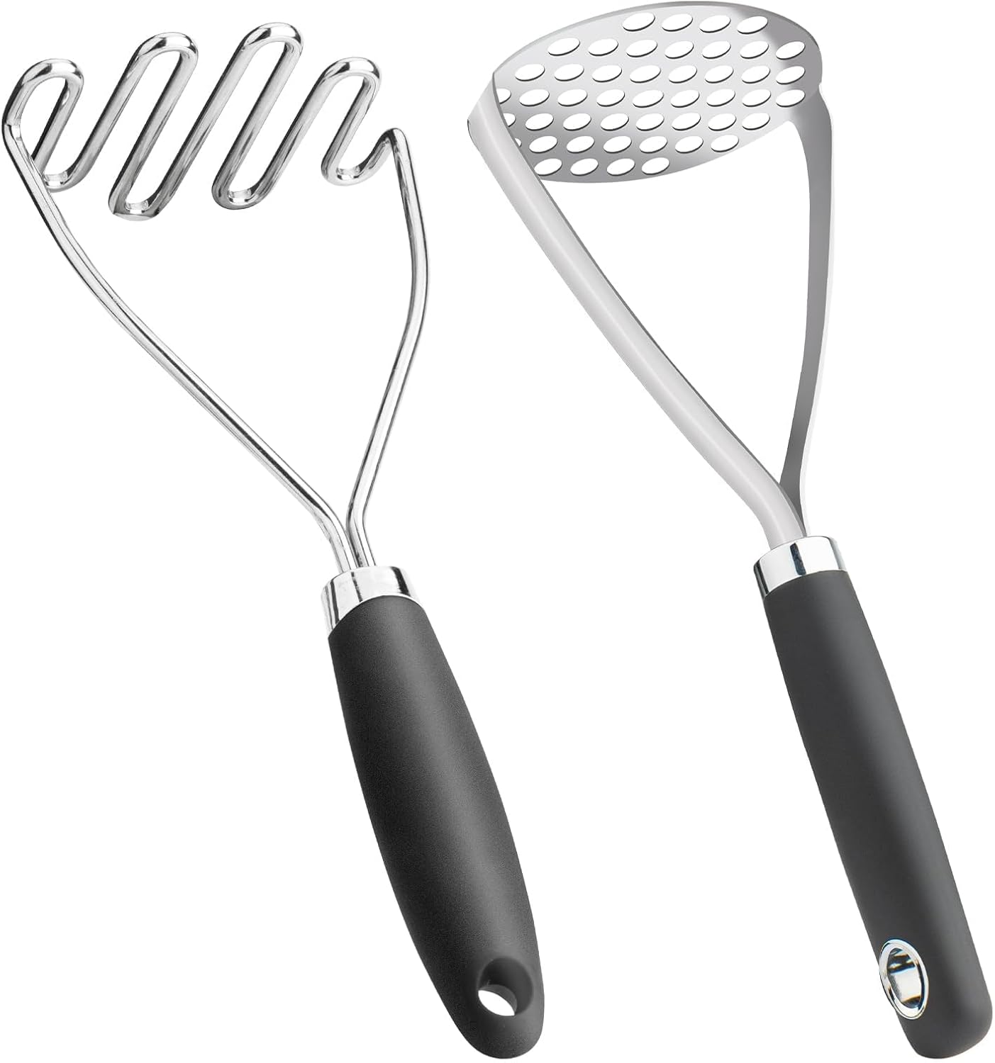Potato Masher Set of 2 Pieces, 10.25-Inch Stainless Steel Wire Mashed Potato Masher, Kitchen Gourmet Making Tools Professional Integrated Honeycomb, For Vegetable, Fruit, Melon, Potato Etc, Black - Image 1