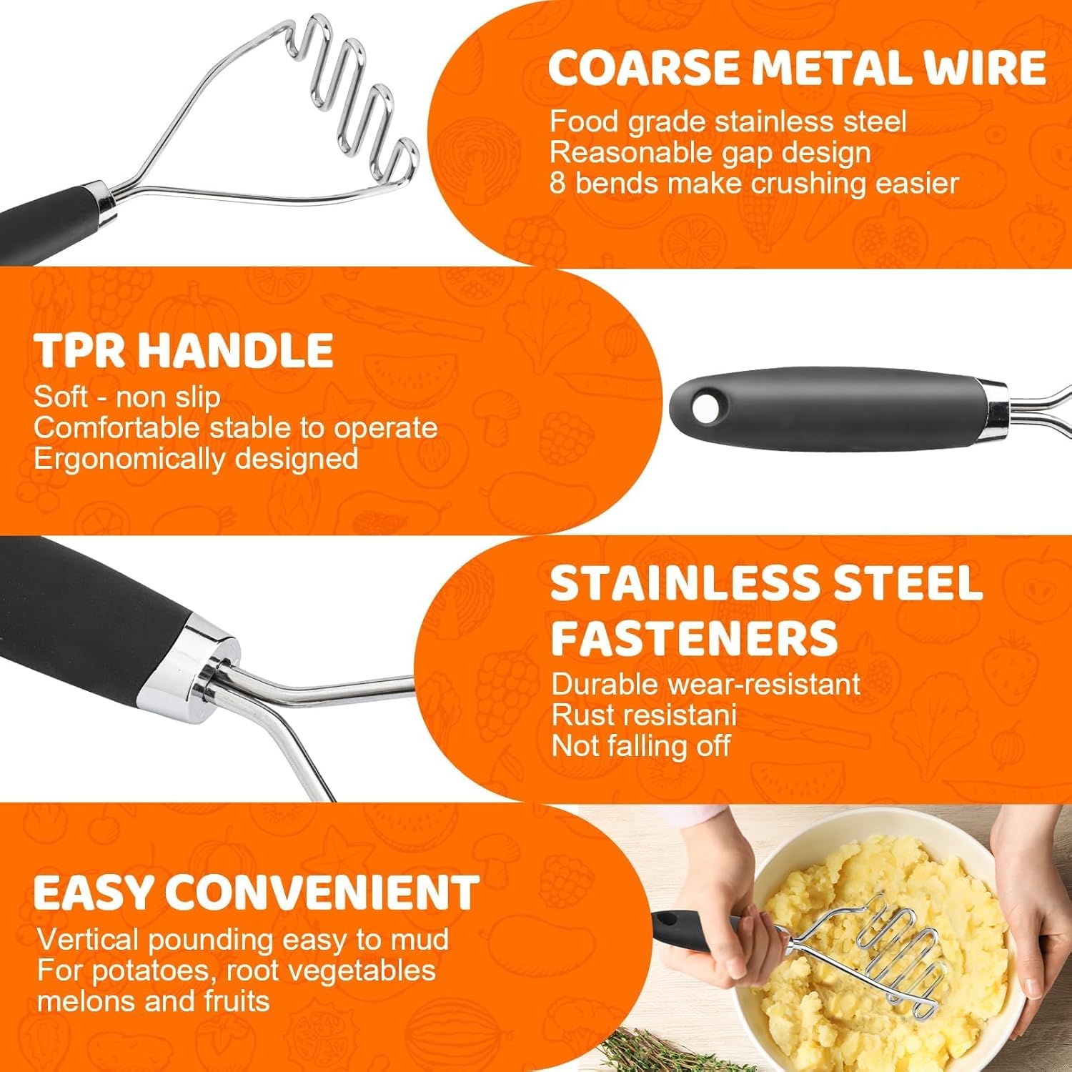 Potato Masher Set of 2 Pieces, 10.25-Inch Stainless Steel Wire Mashed Potato Masher, Kitchen Gourmet Making Tools Professional Integrated Honeycomb, For Vegetable, Fruit, Melon, Potato Etc, Black - Image 2
