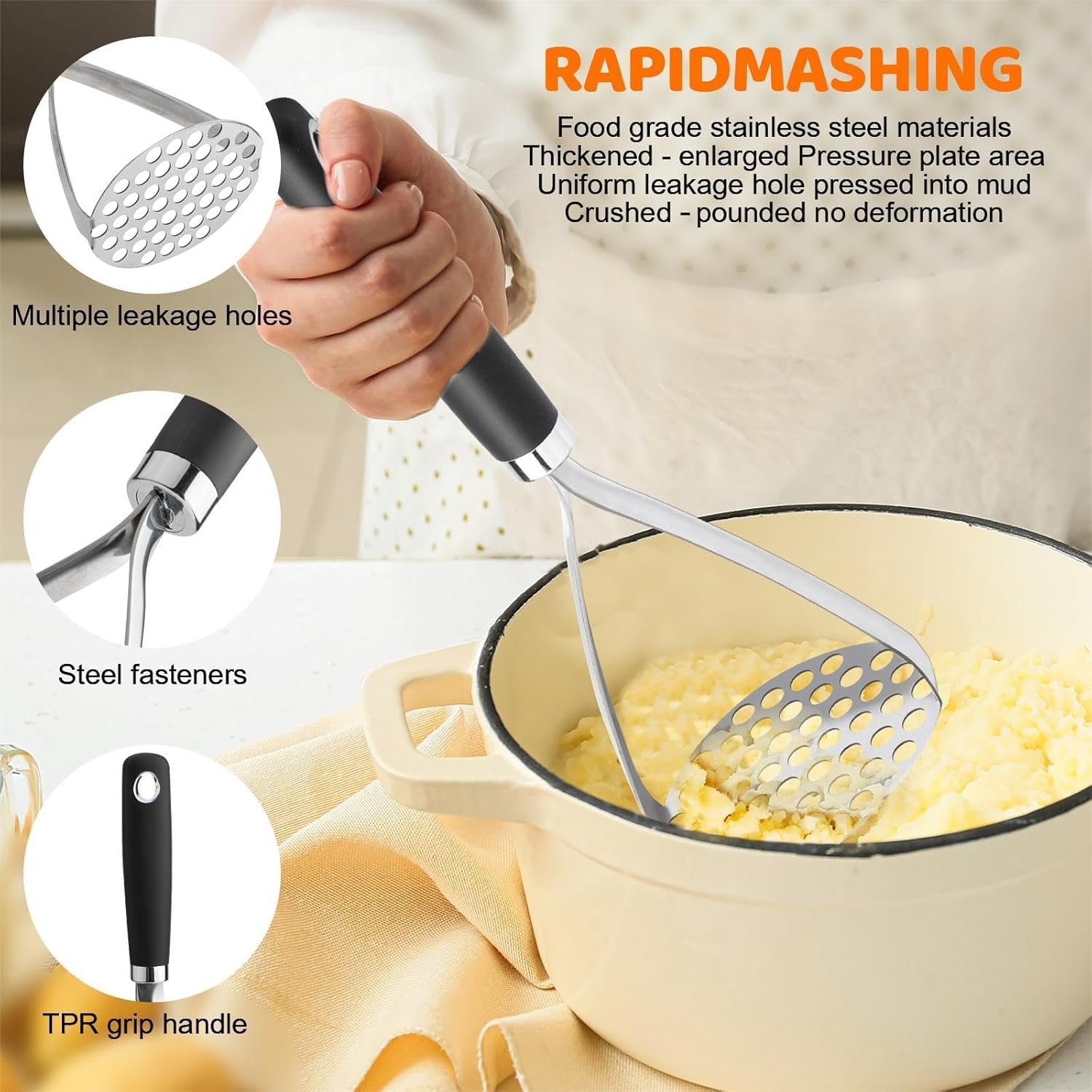 Potato Masher Set of 2 Pieces, 10.25-Inch Stainless Steel Wire Mashed Potato Masher, Kitchen Gourmet Making Tools Professional Integrated Honeycomb, For Vegetable, Fruit, Melon, Potato Etc, Black - Image 3