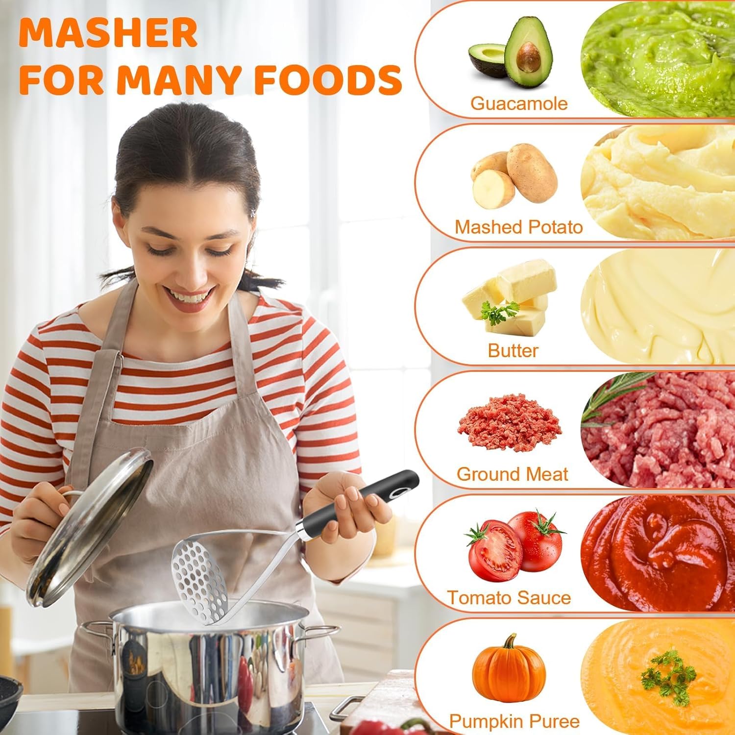 Potato Masher Set of 2 Pieces, 10.25-Inch Stainless Steel Wire Mashed Potato Masher, Kitchen Gourmet Making Tools Professional Integrated Honeycomb, For Vegetable, Fruit, Melon, Potato Etc, Black - Image 4
