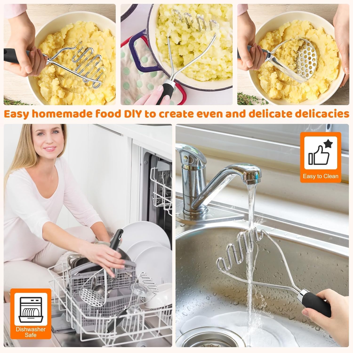 Potato Masher Set of 2 Pieces, 10.25-Inch Stainless Steel Wire Mashed Potato Masher, Kitchen Gourmet Making Tools Professional Integrated Honeycomb, For Vegetable, Fruit, Melon, Potato Etc, Black - Image 5