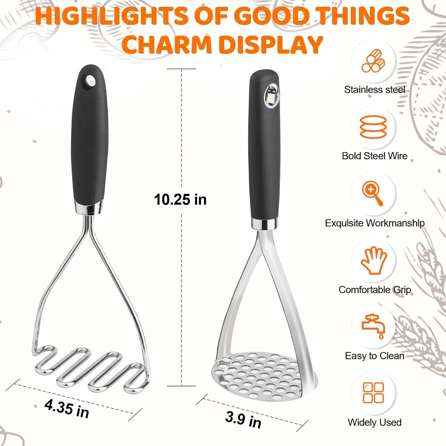 Potato Masher Set of 2 Pieces, 10.25-Inch Stainless Steel Wire Mashed Potato Masher, Kitchen Gourmet Making Tools Professional Integrated Honeycomb, For Vegetable, Fruit, Melon, Potato Etc, Black - Image 6