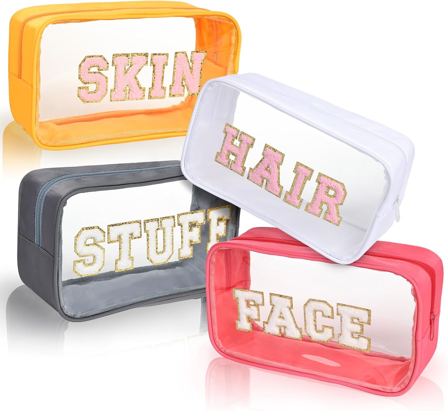 Clear Makeup Bags with Chenille Letters, 4 Pack Preppy Cosmetic Pouch Zipper, Personalized Initial beauty case, Travel Toiletry vanity organizer for Women Girl (Hair, Face, Skin, Stuff) - Image 1