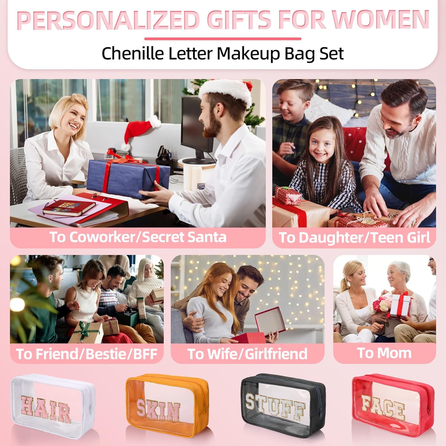 Clear Makeup Bags with Chenille Letters, 4 Pack Preppy Cosmetic Pouch Zipper, Personalized Initial beauty case, Travel Toiletry vanity organizer for Women Girl (Hair, Face, Skin, Stuff) - Image 5