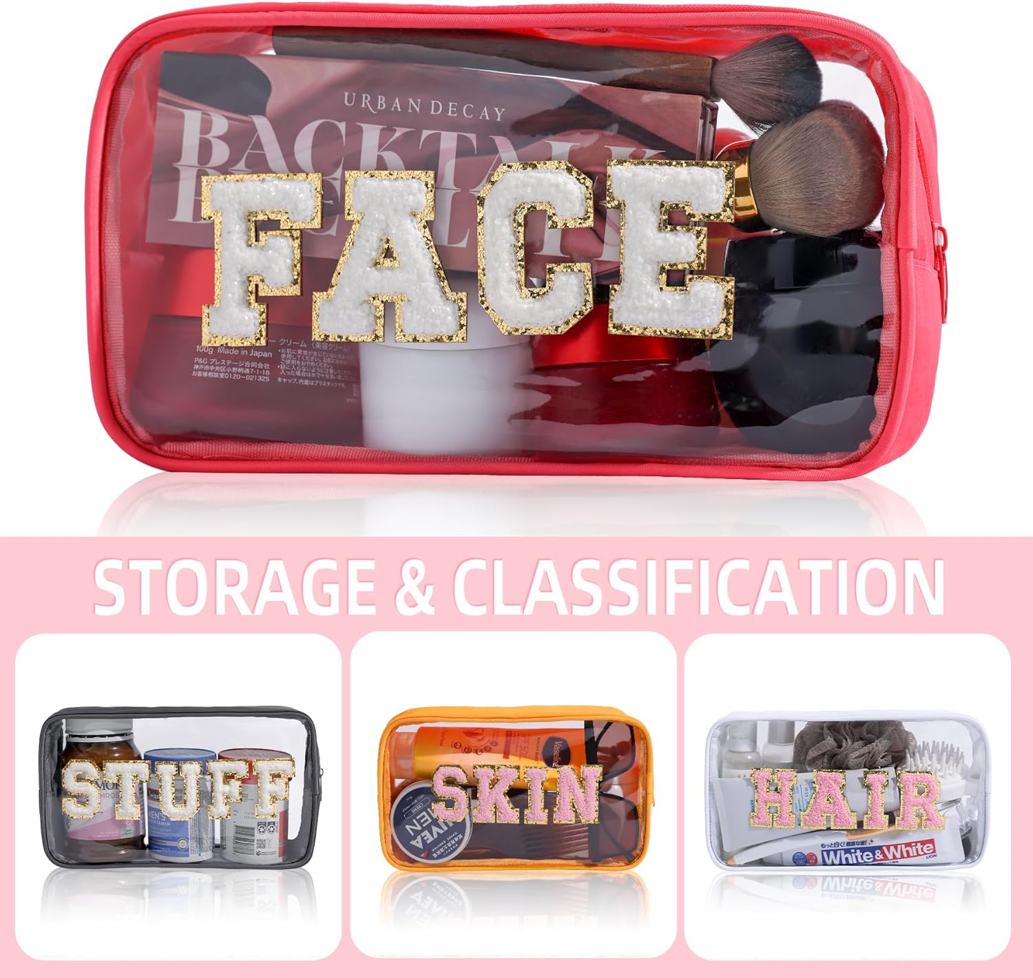 Clear Makeup Bags with Chenille Letters, 4 Pack Preppy Cosmetic Pouch Zipper, Personalized Initial beauty case, Travel Toiletry vanity organizer for Women Girl (Hair, Face, Skin, Stuff) - Image 7