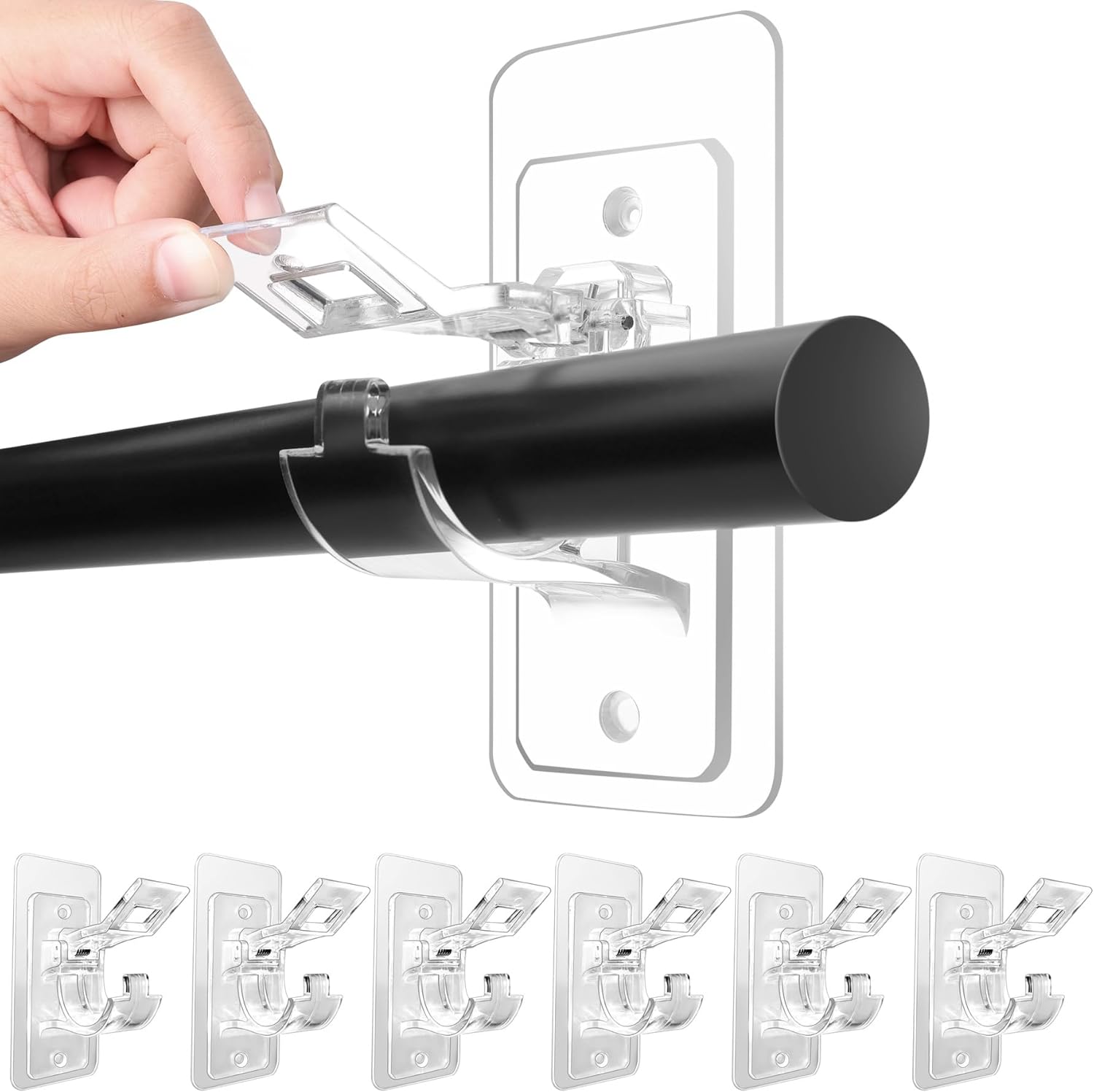 6-Pack No Drill Needed Curtain Rod Holders, Self Adhesive Rod Brackets for Smooth Walls, Multipurpose Nail-Free Stick on Curtain Rod Hooks, Screw Mount Curtain Hangers for Textured Surfaces - Image 1
