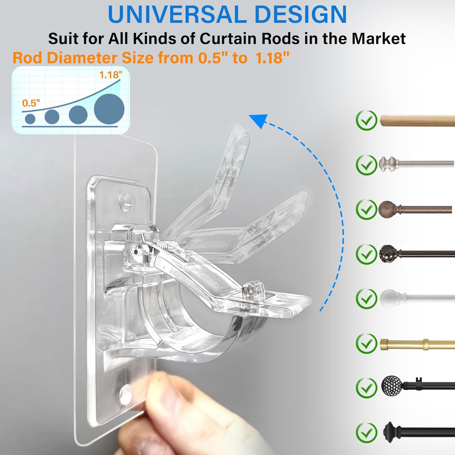 6-Pack No Drill Needed Curtain Rod Holders, Self Adhesive Rod Brackets for Smooth Walls, Multipurpose Nail-Free Stick on Curtain Rod Hooks, Screw Mount Curtain Hangers for Textured Surfaces - Image 2