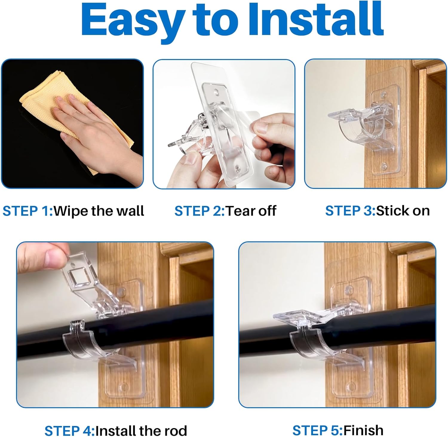 6-Pack No Drill Needed Curtain Rod Holders, Self Adhesive Rod Brackets for Smooth Walls, Multipurpose Nail-Free Stick on Curtain Rod Hooks, Screw Mount Curtain Hangers for Textured Surfaces - Image 5