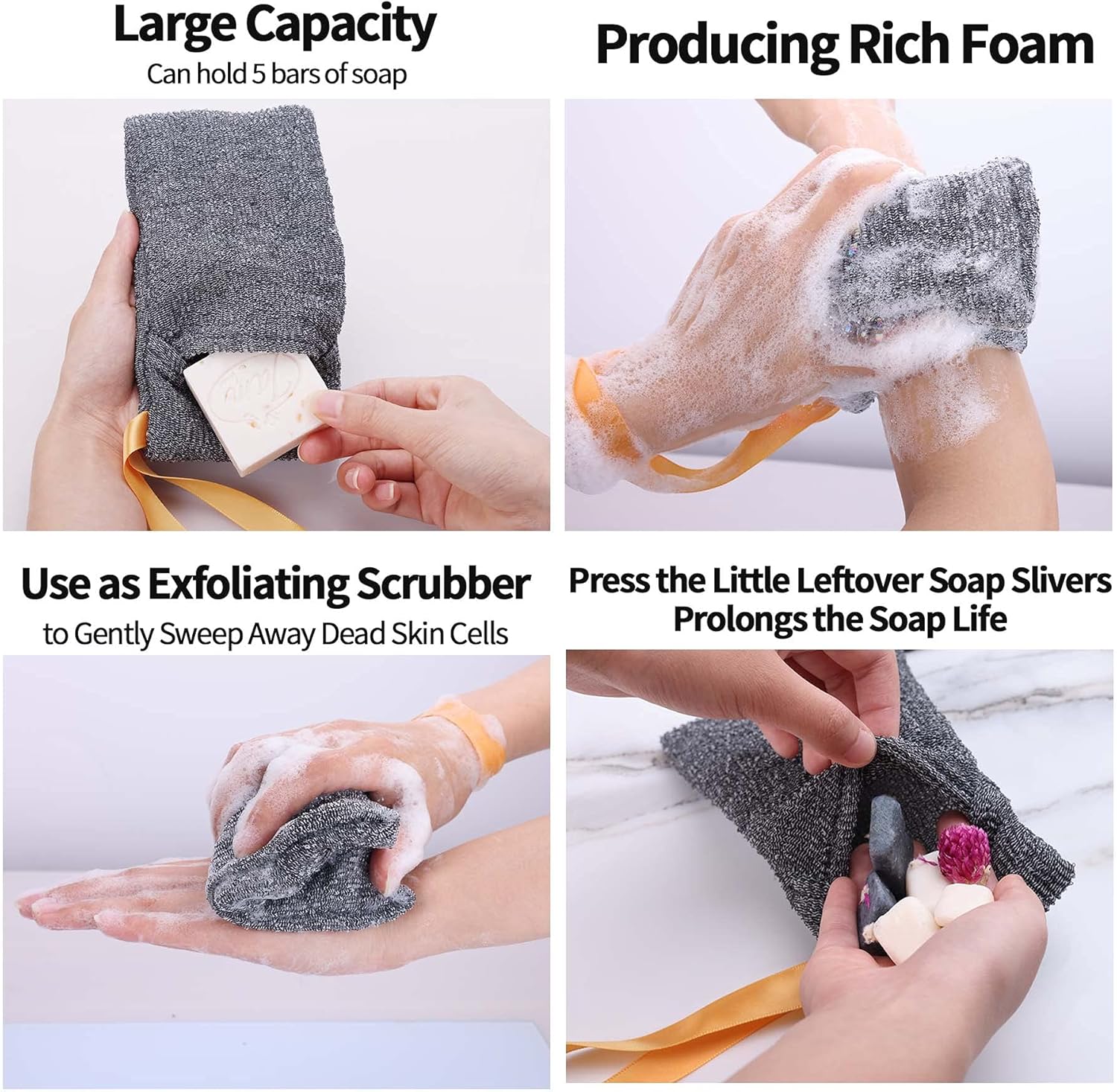 6-Pack Soap Pocket Exfoliating Soap Saver Pouch, Body Scrubber Rough Sponge Exfoliator for Bath or Shower, Gray Mesh Bar Soap Foam Lather Pouch - Image 3