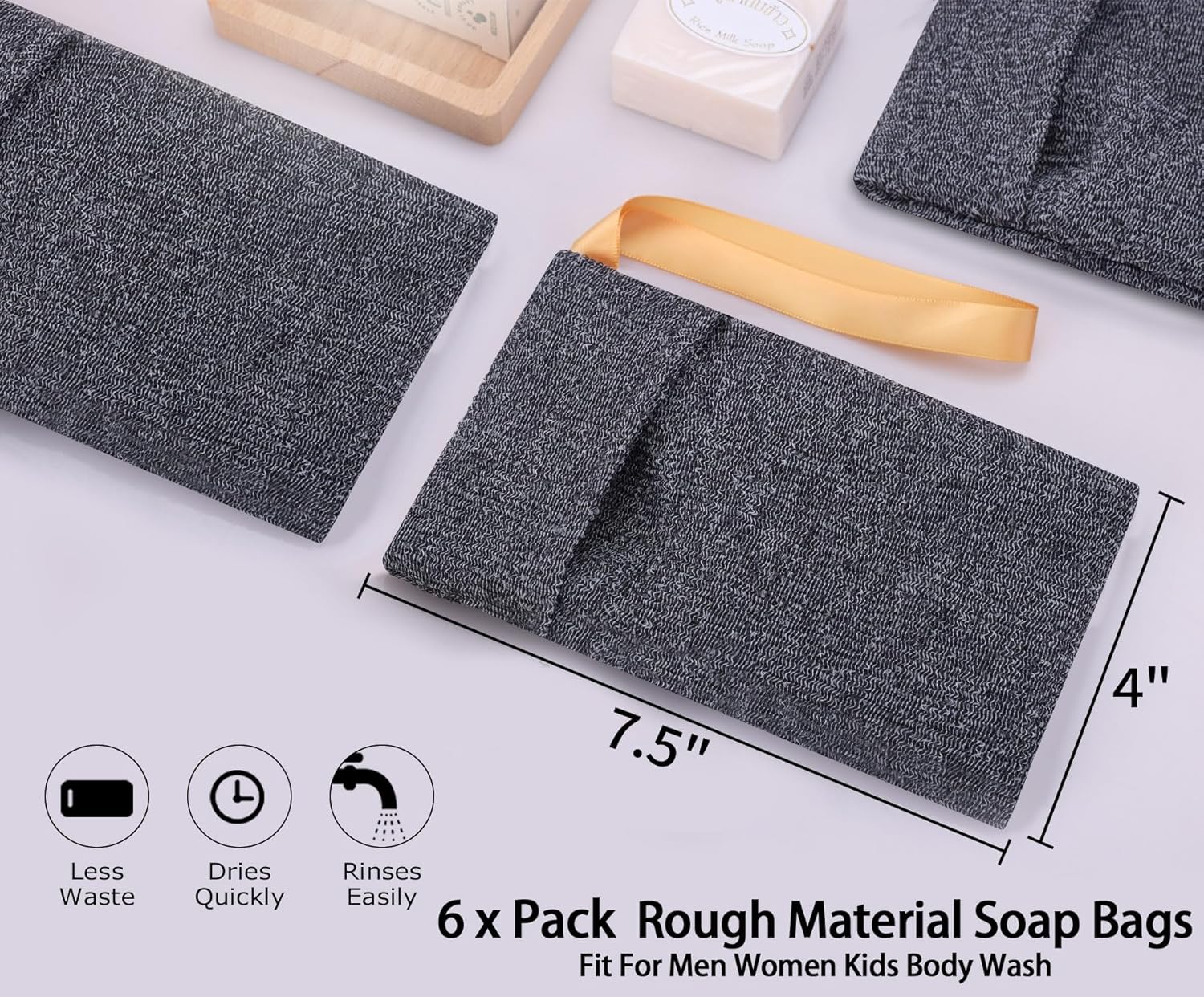 6-Pack Soap Pocket Exfoliating Soap Saver Pouch, Body Scrubber Rough Sponge Exfoliator for Bath or Shower, Gray Mesh Bar Soap Foam Lather Pouch - Image 6
