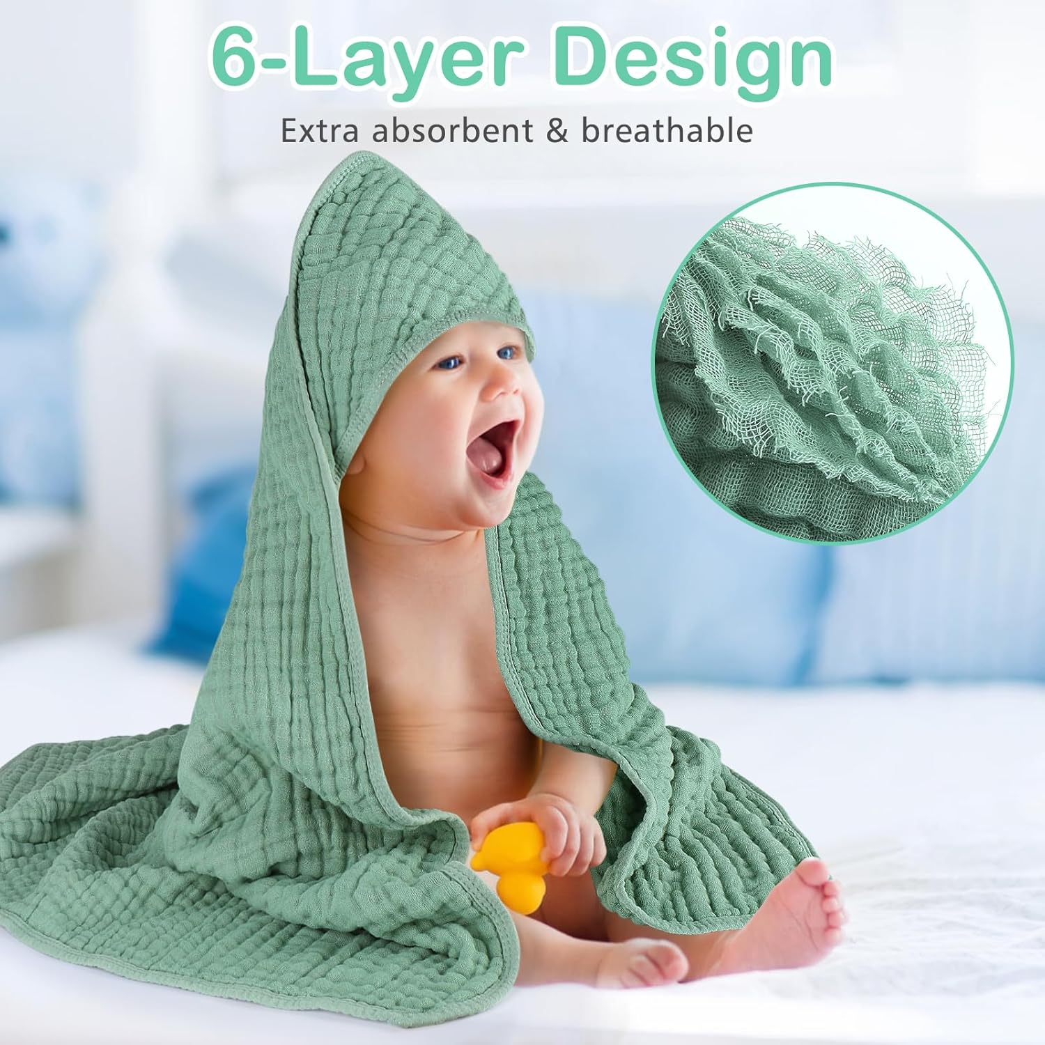 2 Pack Hooded Baby Towels, 100% Muslin Cotton Bath Towel for Babies, Newborn, Infant and Toddler, Absorbent Soft Baby Bath Towel with Hood, Boy and Girl Bath Essentials - Image 5