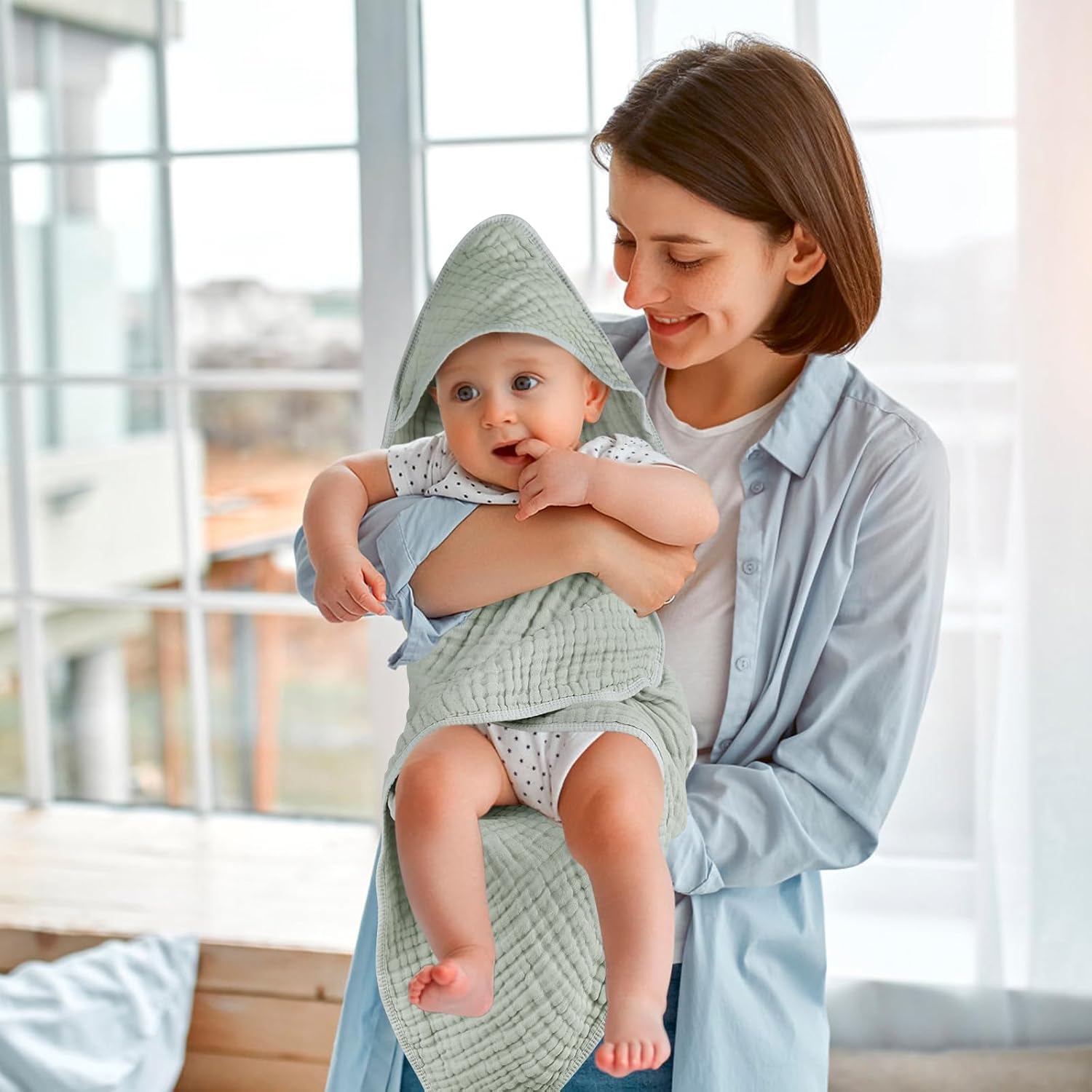 2 Pack Hooded Baby Towels, 100% Muslin Cotton Bath Towel for Babies, Newborn, Infant and Toddler, Absorbent Soft Baby Bath Towel with Hood, Boy and Girl Bath Essentials - Image 6