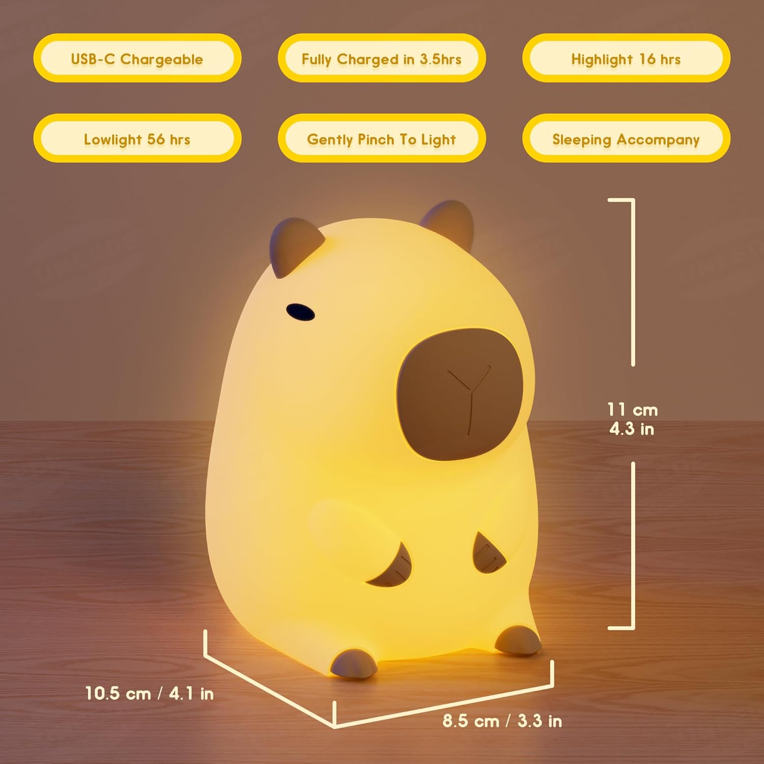 Capybara Night Light White Elephant Gifts - Rechargeable Silicone Touch Lamp, 2-Level Dimmable, 20-Min Timer, Safe Nursery Decor for Kids & Valentines Day Gifts - Image 3