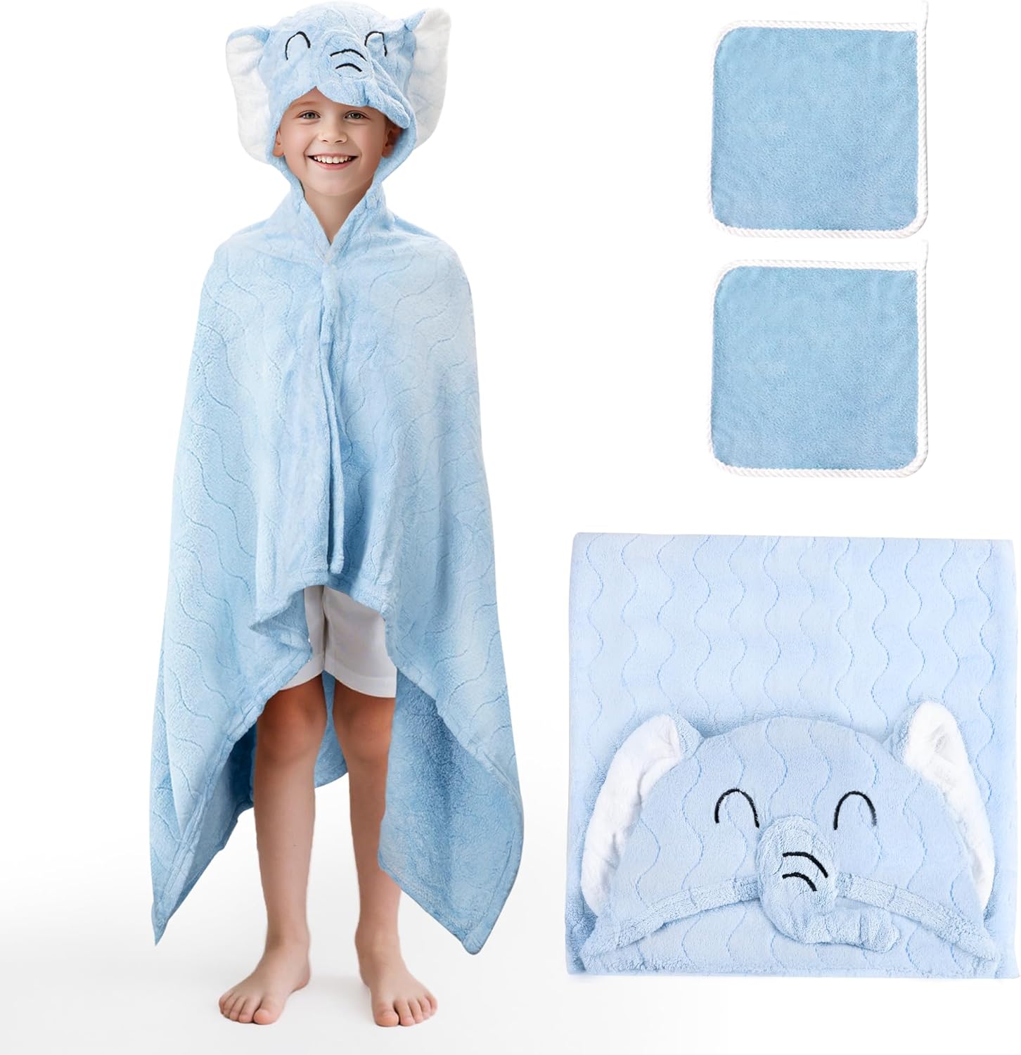 Blue Elephant Bath Hooded Towel for Kids,Extra Soft and Fast Drying Poncho for Toddlers Age 3-10,Kids Beach Hooded Towel Polyester Size 31 x 47 in,Machine Washable Poncho for Bath Beach Pool - Image 1