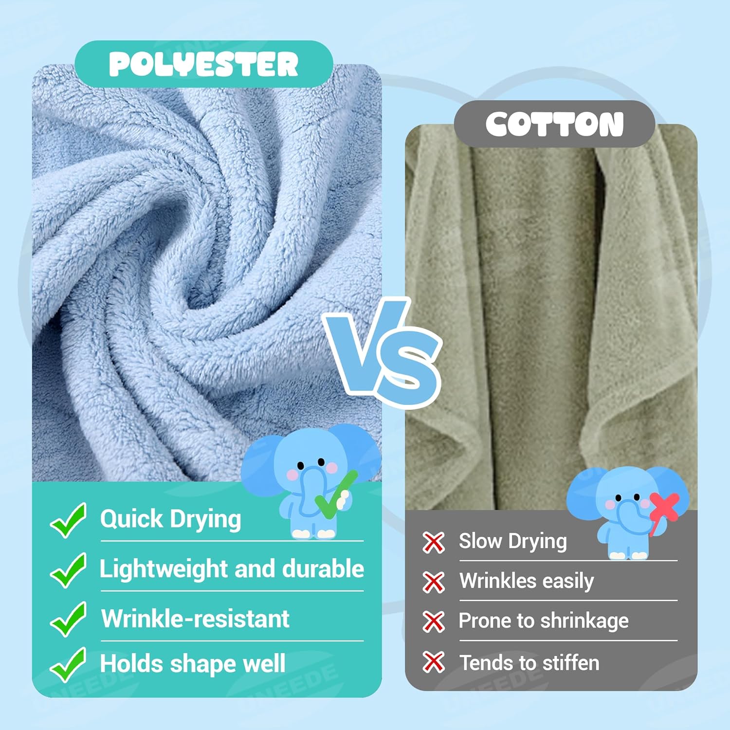 Blue Elephant Bath Hooded Towel for Kids,Extra Soft and Fast Drying Poncho for Toddlers Age 3-10,Kids Beach Hooded Towel Polyester Size 31 x 47 in,Machine Washable Poncho for Bath Beach Pool - Image 5