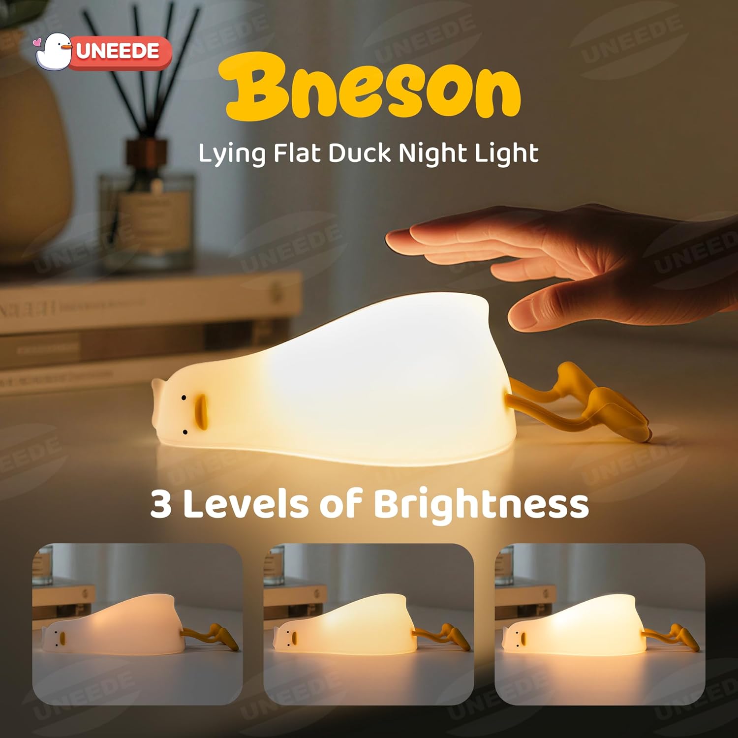 UENEEDE Lying Flat Duck Lamp, 3 Level Dimmable Rechargeable Silicone Night Light, Benson Duck Cute Squishy Touch Sensor Bedside Lamp for Nursery, Breastfeeding, Kids Room Decor - Image 2