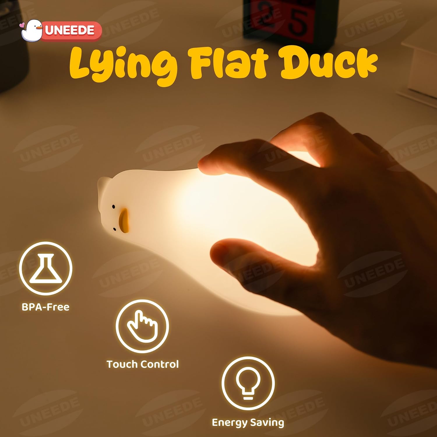 UENEEDE Lying Flat Duck Lamp, 3 Level Dimmable Rechargeable Silicone Night Light, Benson Duck Cute Squishy Touch Sensor Bedside Lamp for Nursery, Breastfeeding, Kids Room Decor - Image 5