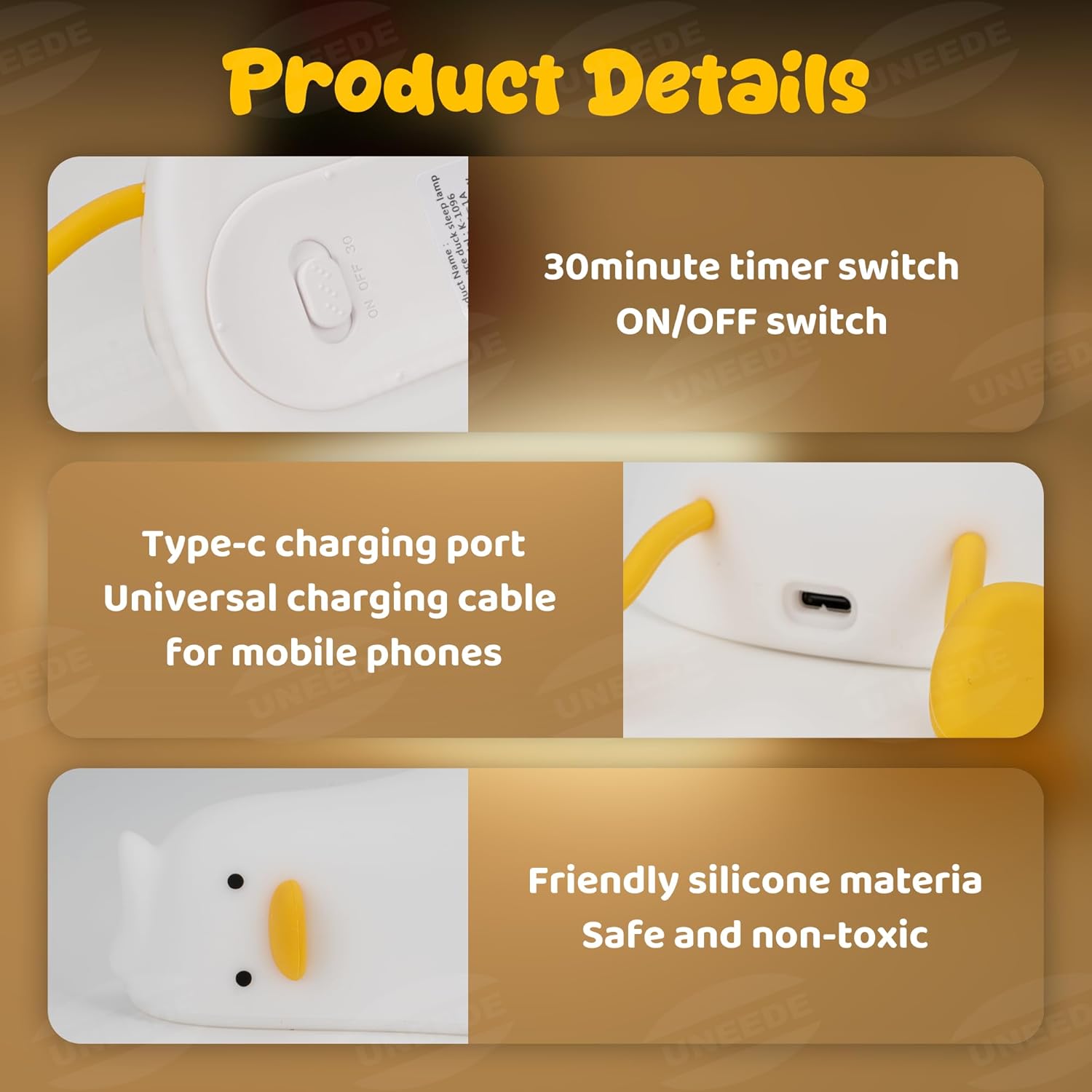 UENEEDE Lying Flat Duck Lamp, 3 Level Dimmable Rechargeable Silicone Night Light, Benson Duck Cute Squishy Touch Sensor Bedside Lamp for Nursery, Breastfeeding, Kids Room Decor - Image 6