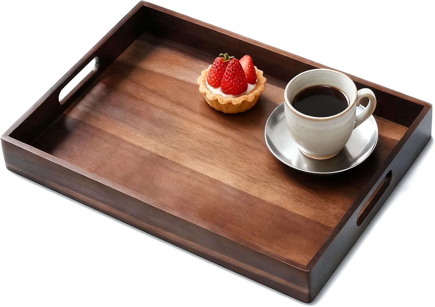 Acacia Wood Serving Tray with Handles, 17 Inch Wooden Tray for Ottoman, Breakfast, Lunch, Dinner, Decorative Rectangular Tray for Living Room, Kitchen Counter, Outdoor - Image 1