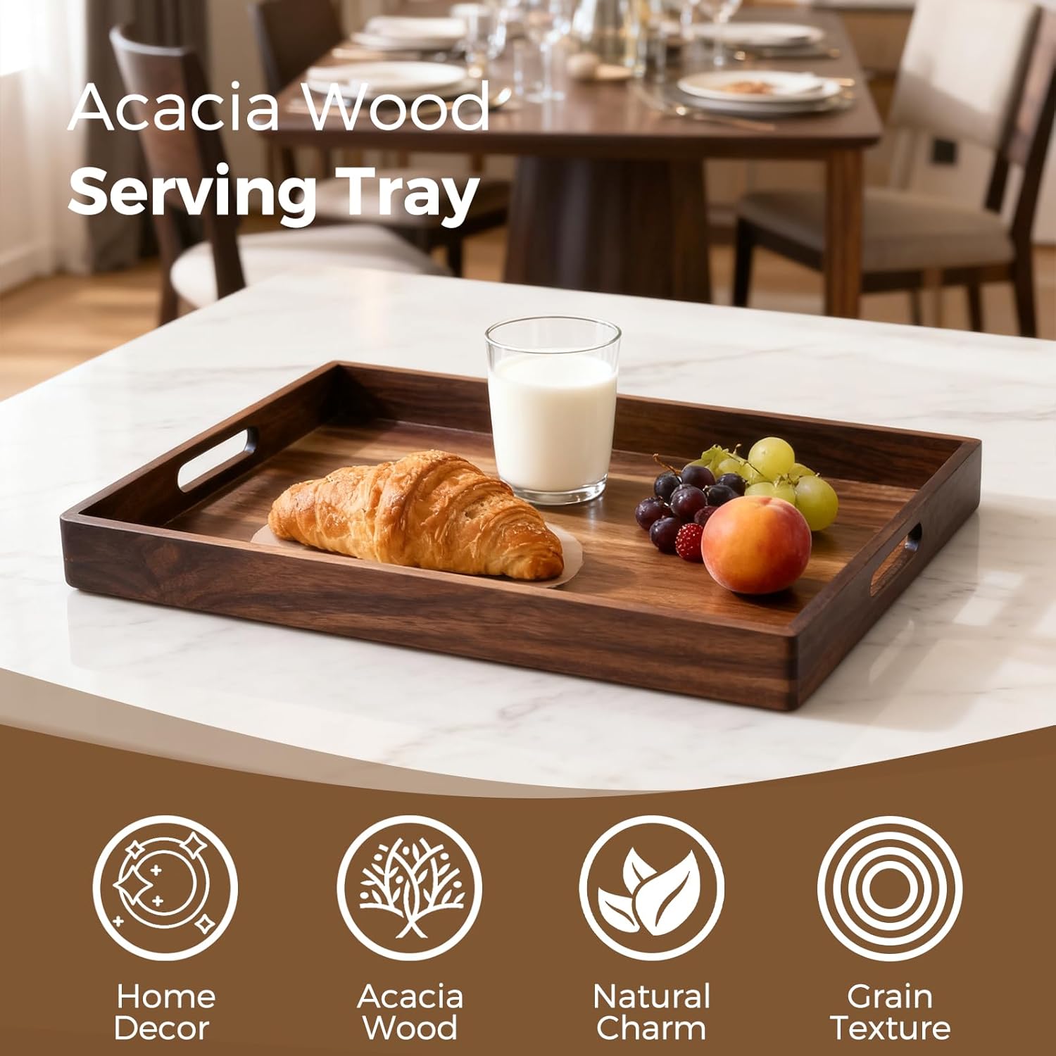 Acacia Wood Serving Tray with Handles, 17 Inch Wooden Tray for Ottoman, Breakfast, Lunch, Dinner, Decorative Rectangular Tray for Living Room, Kitchen Counter, Outdoor - Image 3