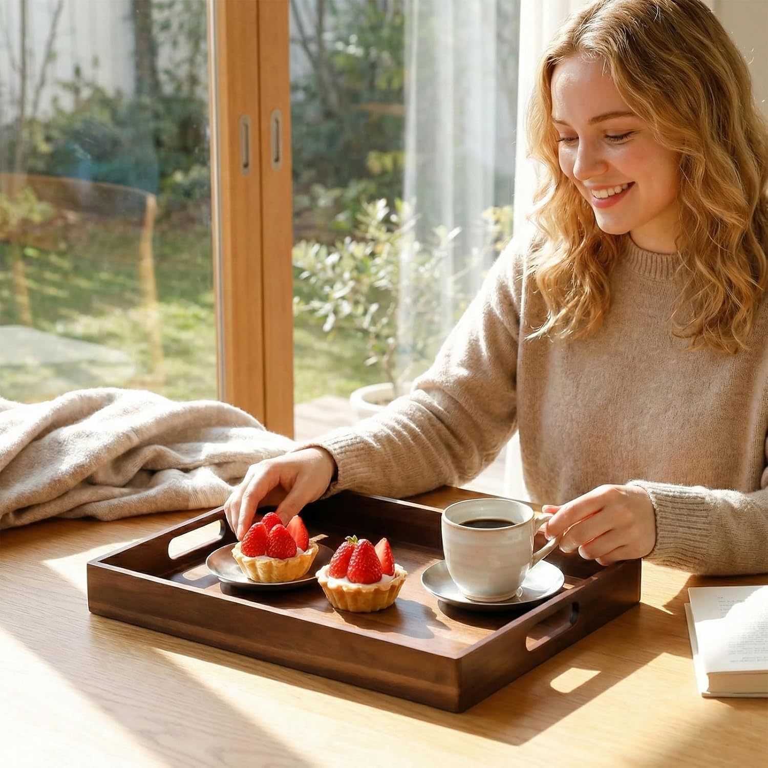 Acacia Wood Serving Tray with Handles, 17 Inch Wooden Tray for Ottoman, Breakfast, Lunch, Dinner, Decorative Rectangular Tray for Living Room, Kitchen Counter, Outdoor - Image 4