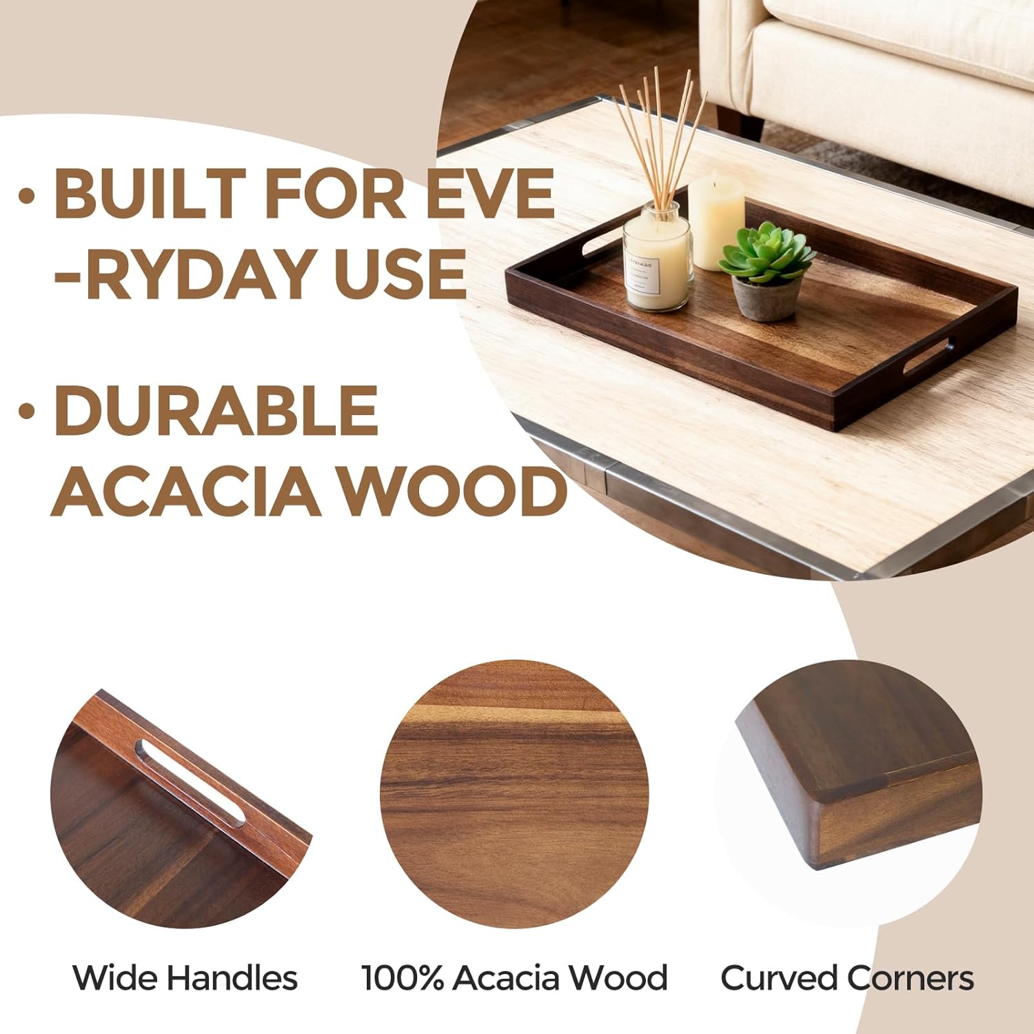 Acacia Wood Serving Tray with Handles, 17 Inch Wooden Tray for Ottoman, Breakfast, Lunch, Dinner, Decorative Rectangular Tray for Living Room, Kitchen Counter, Outdoor - Image 5