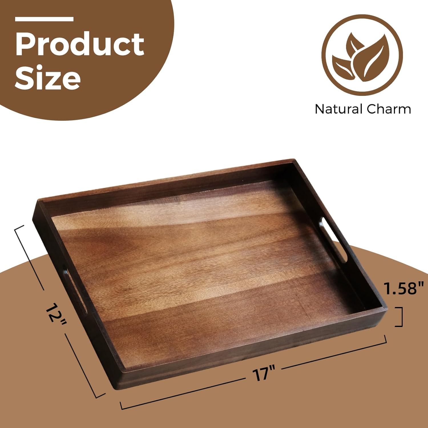 Acacia Wood Serving Tray with Handles, 17 Inch Wooden Tray for Ottoman, Breakfast, Lunch, Dinner, Decorative Rectangular Tray for Living Room, Kitchen Counter, Outdoor - Image 6