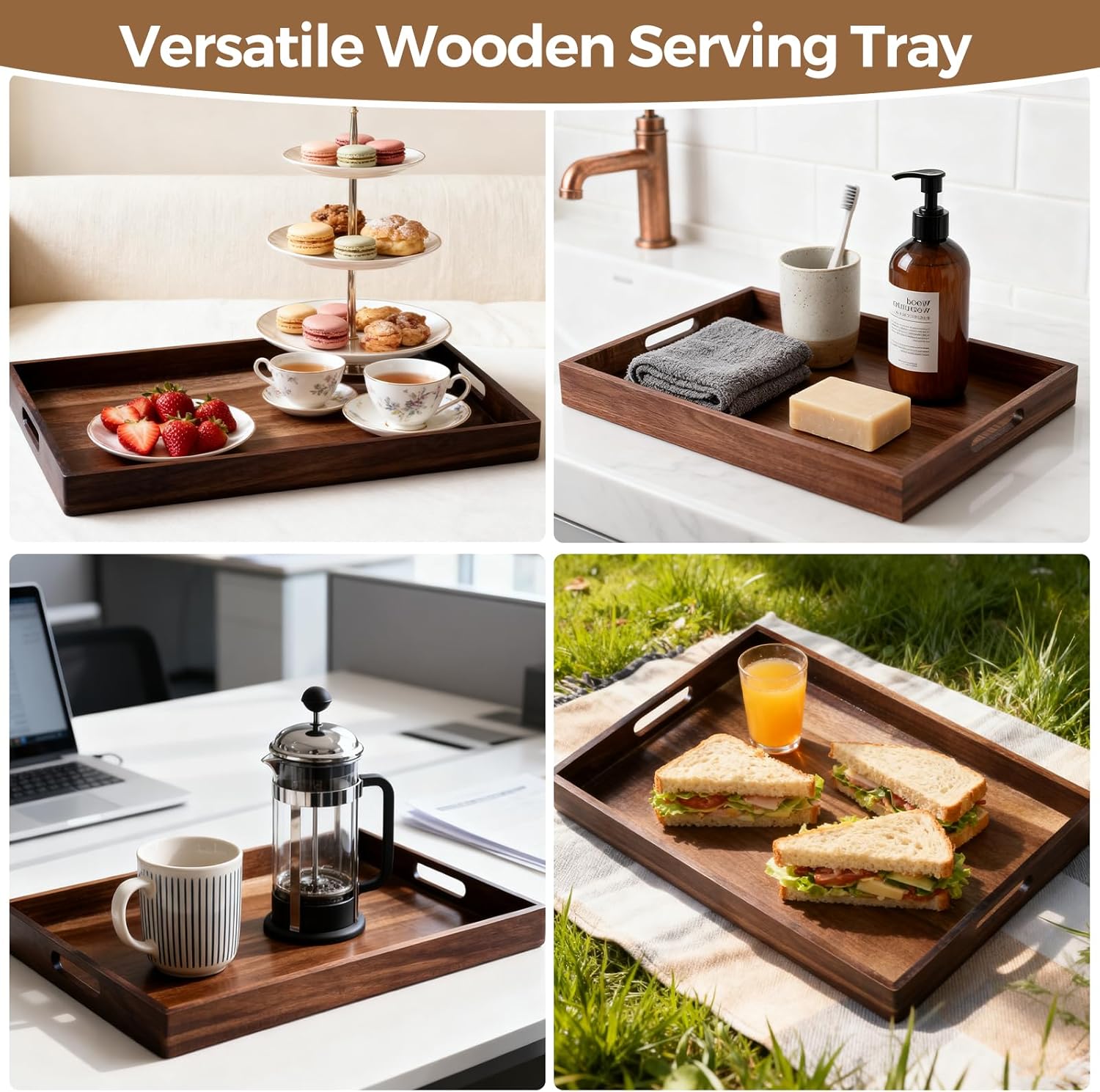 Acacia Wood Serving Tray with Handles, 17 Inch Wooden Tray for Ottoman, Breakfast, Lunch, Dinner, Decorative Rectangular Tray for Living Room, Kitchen Counter, Outdoor - Image 7