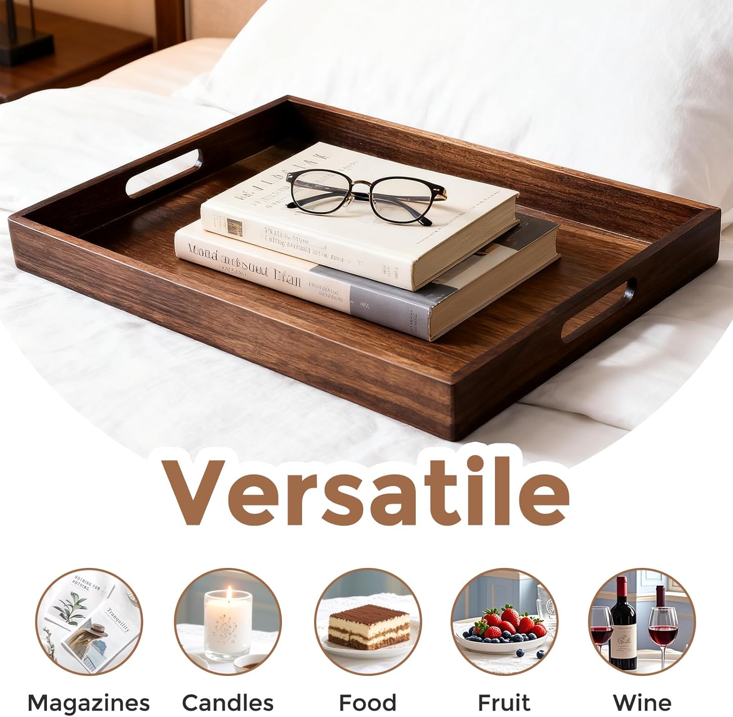 Acacia Wood Serving Tray with Handles, 17 Inch Wooden Tray for Ottoman, Breakfast, Lunch, Dinner, Decorative Rectangular Tray for Living Room, Kitchen Counter, Outdoor - Image 8