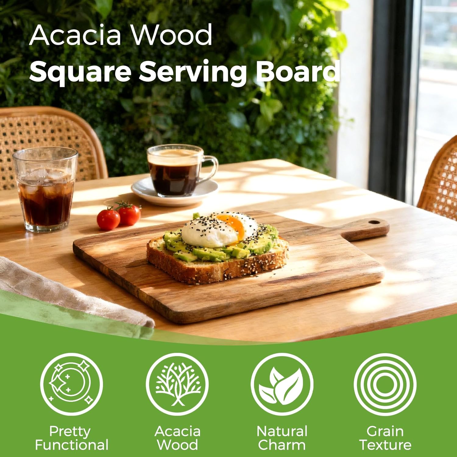 Acacia Wood Cutting Board with Handle, Wooden Chopping Board for Meat, Cheese, Bread & Vegetables, Decorative Charcuterie Serving Board for Kitchen Cooking, Pizza & Party Dining, 17