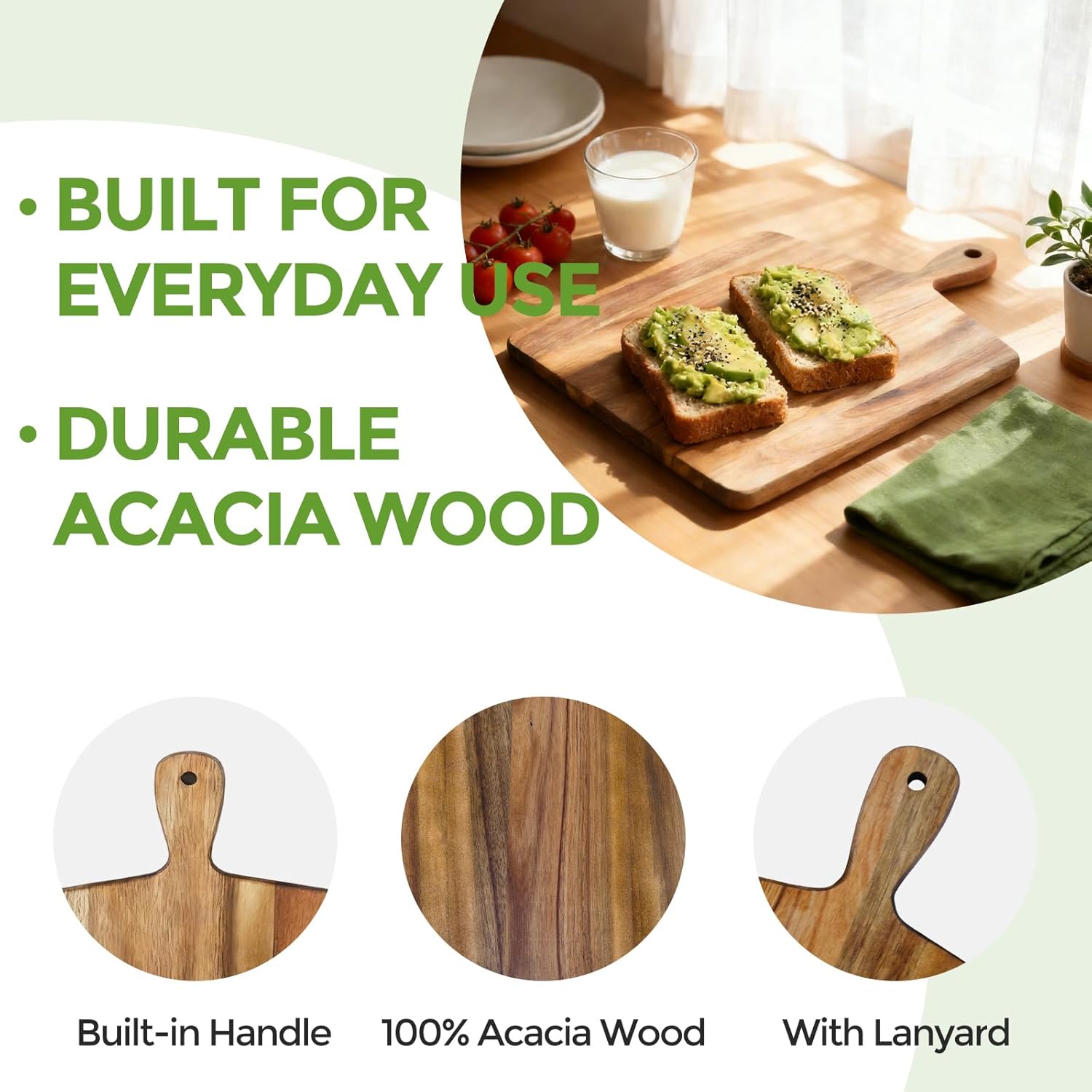 Acacia Wood Cutting Board with Handle, Wooden Chopping Board for Meat, Cheese, Bread & Vegetables, Decorative Charcuterie Serving Board for Kitchen Cooking, Pizza & Party Dining, 17