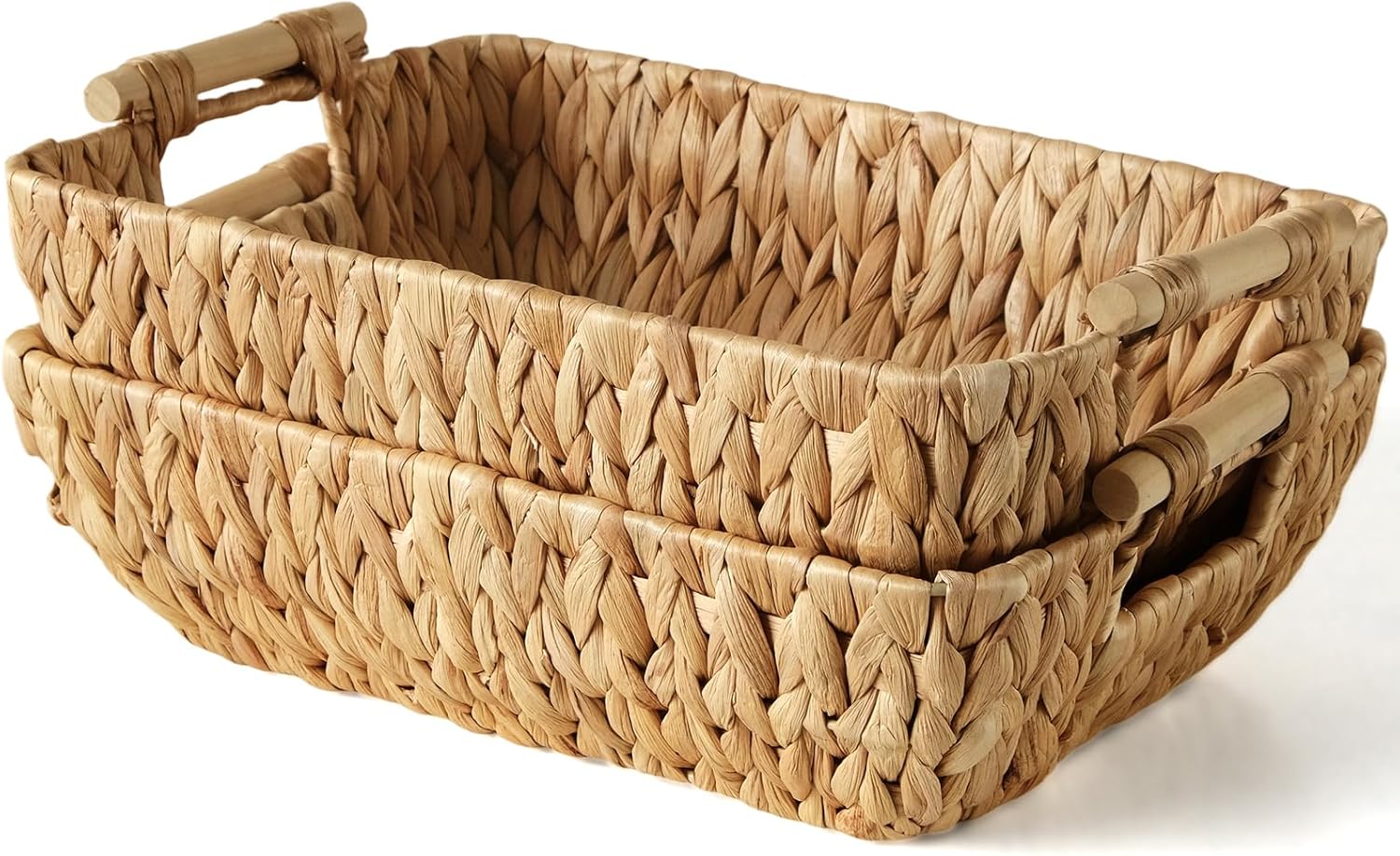 2 Pack Wicker Storage Baskets with Wooden Handles, Large Water Hyacinth Basket for Organizing Shelves, Natural Woven Storage Baskets for Snack, Gift - Image 1