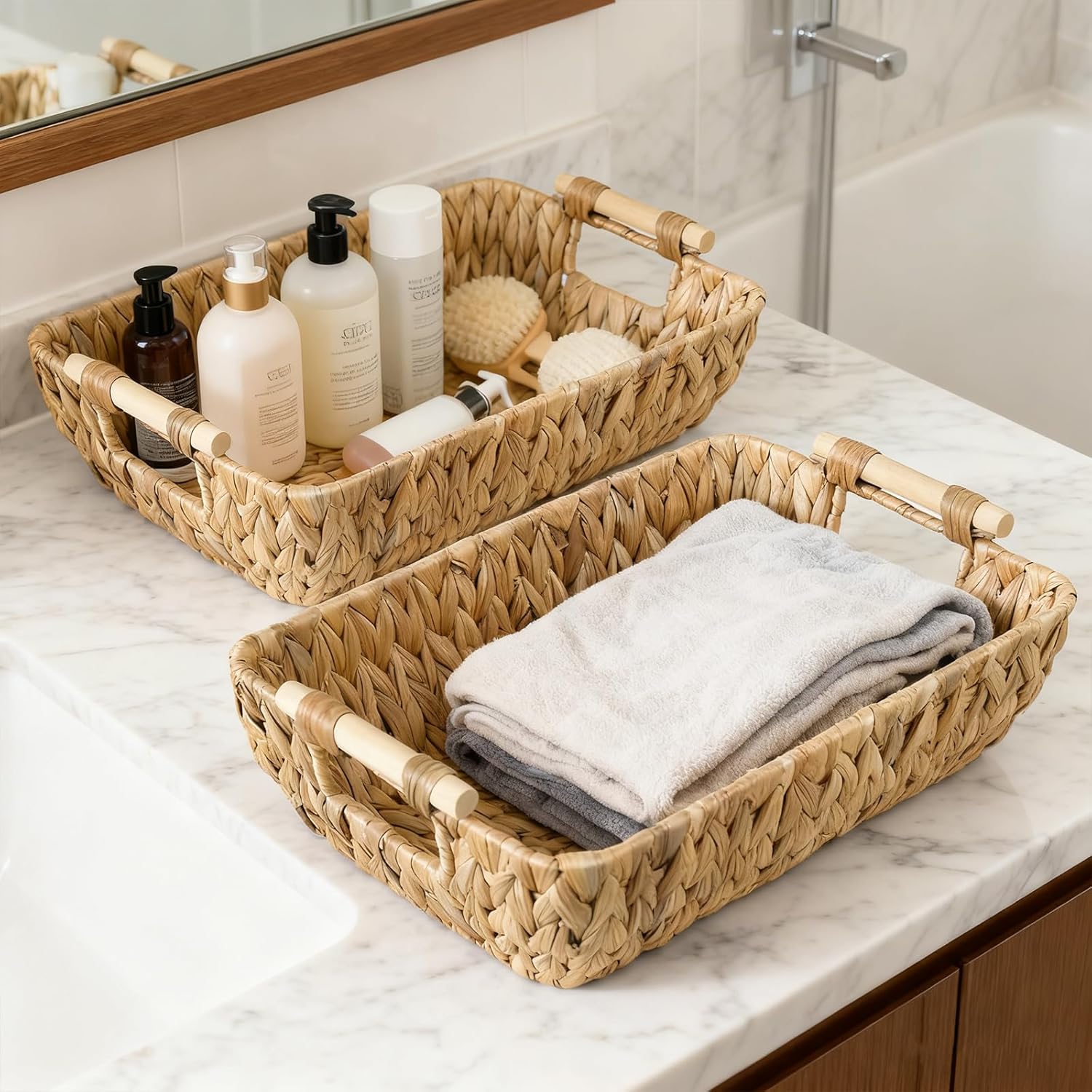 2 Pack Wicker Storage Baskets with Wooden Handles, Large Water Hyacinth Basket for Organizing Shelves, Natural Woven Storage Baskets for Snack, Gift - Image 2