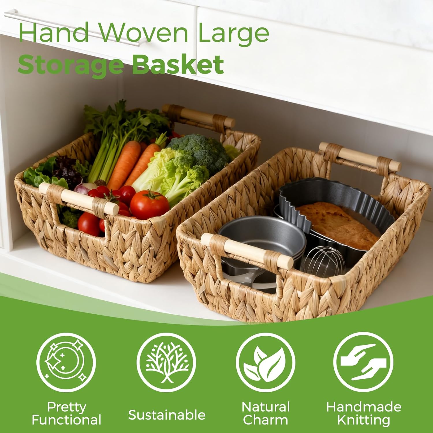 2 Pack Wicker Storage Baskets with Wooden Handles, Large Water Hyacinth Basket for Organizing Shelves, Natural Woven Storage Baskets for Snack, Gift - Image 3