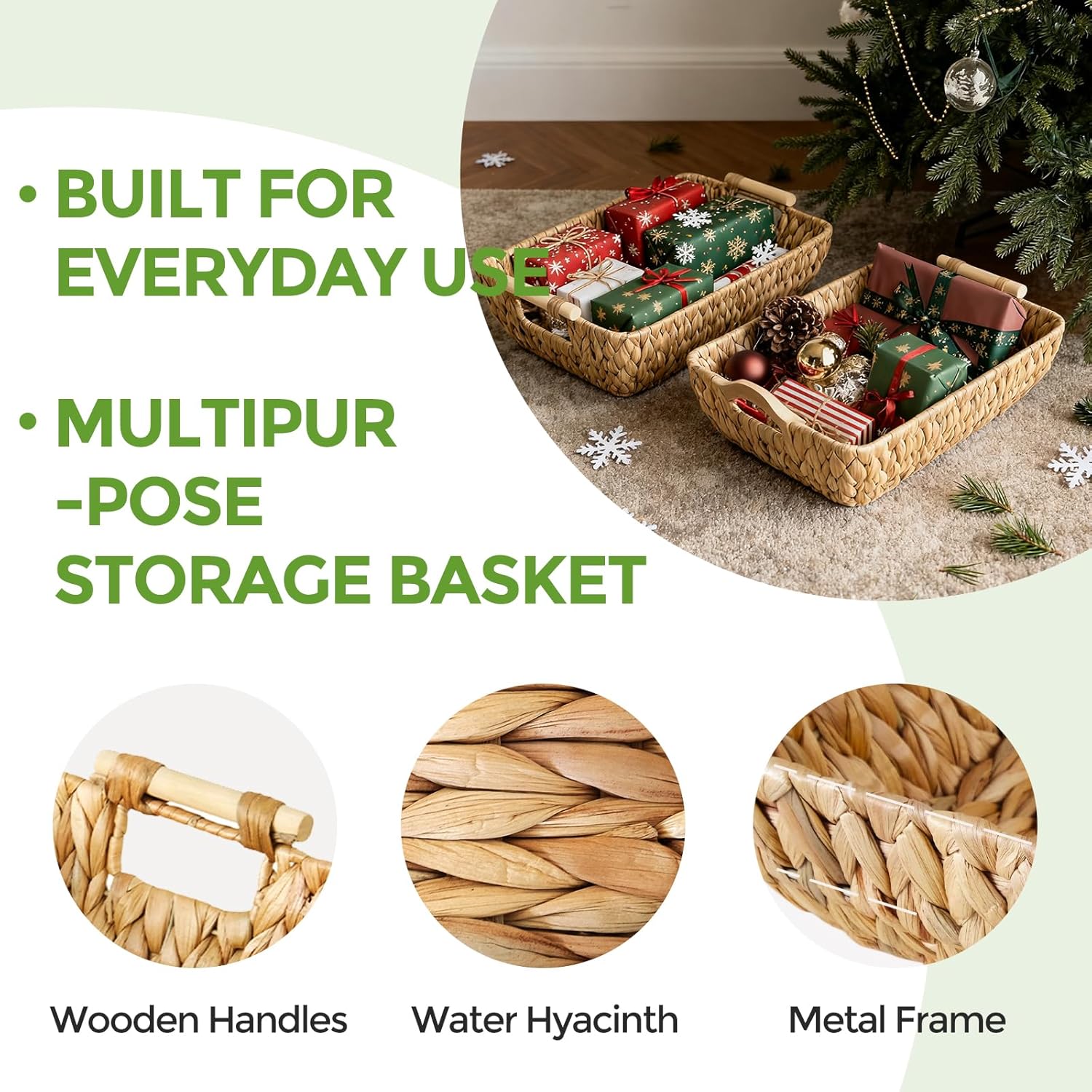 2 Pack Wicker Storage Baskets with Wooden Handles, Large Water Hyacinth Basket for Organizing Shelves, Natural Woven Storage Baskets for Snack, Gift - Image 5