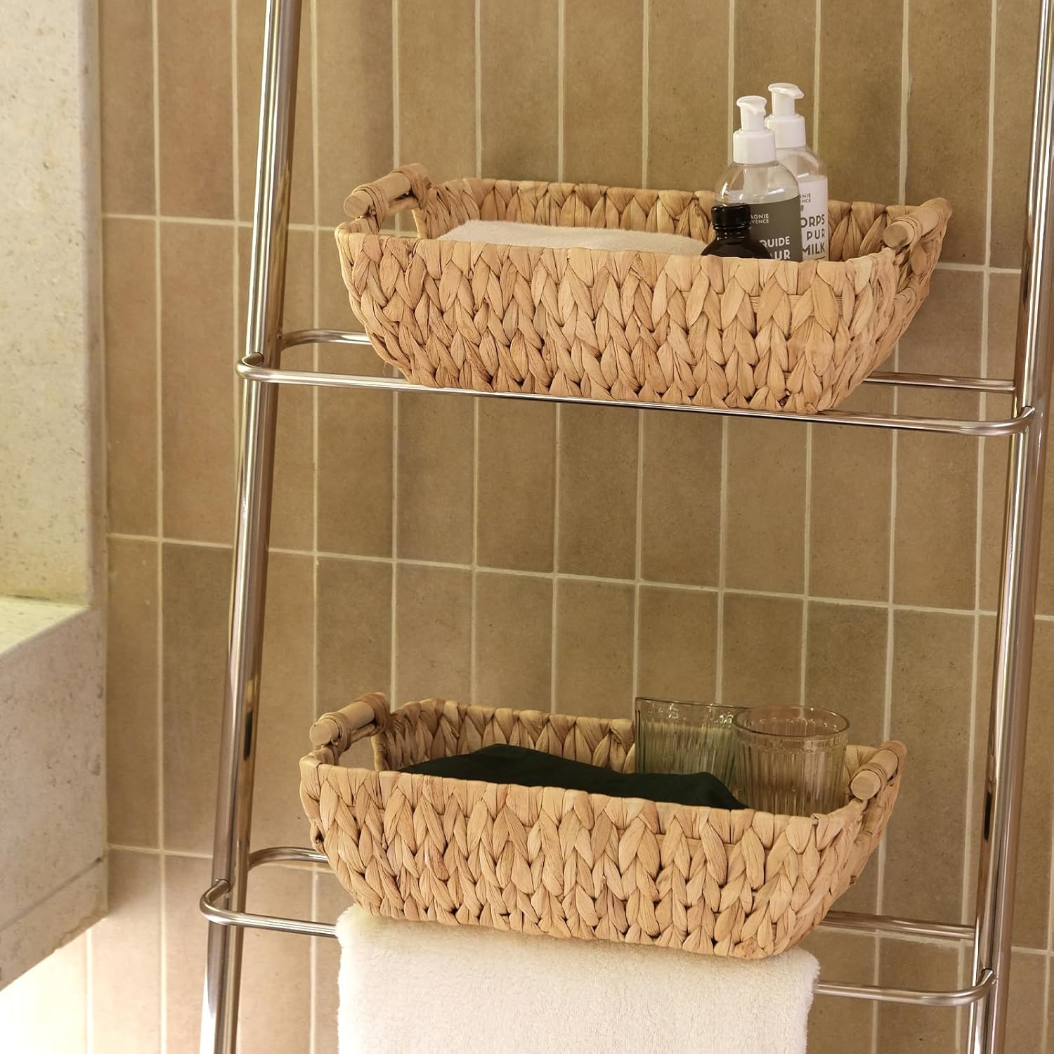 2 Pack Wicker Storage Baskets with Wooden Handles, Large Water Hyacinth Basket for Organizing Shelves, Natural Woven Storage Baskets for Snack, Gift - Image 6