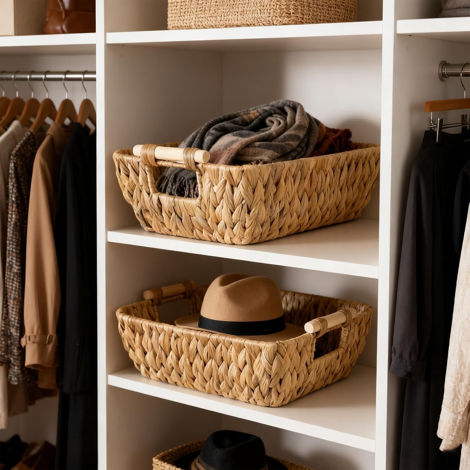 2 Pack Wicker Storage Baskets with Wooden Handles, Large Water Hyacinth Basket for Organizing Shelves, Natural Woven Storage Baskets for Snack, Gift - Image 8