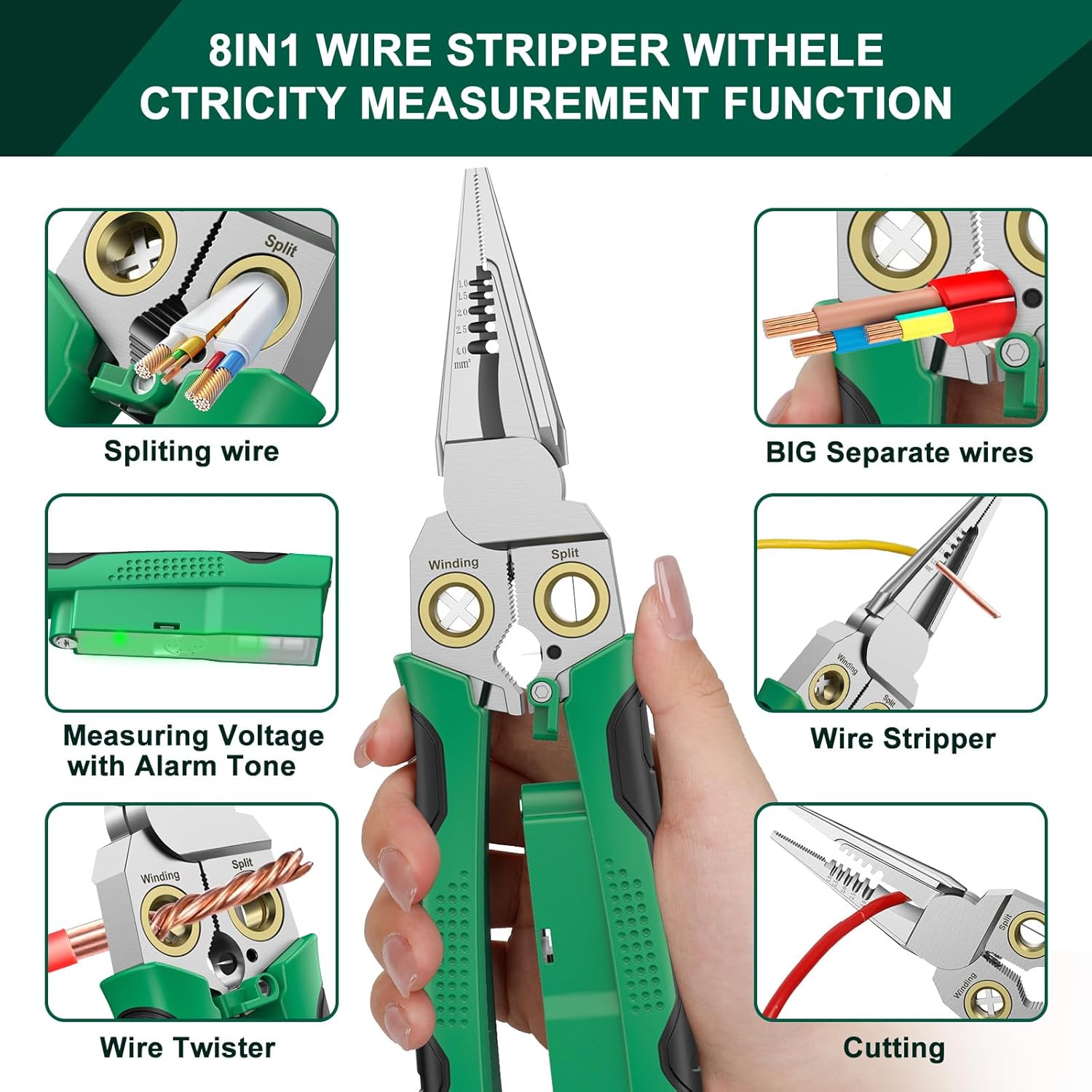 Pro 8-in-1 Wire Stripper/Cutter with Voltage Tester & Dual Alarms - Heavy Duty 12-250V AC/DC Electrical Tester for Hot/Neutral Wires - Electrician, HVAC, Car Repair Tool (Green) - Image 2