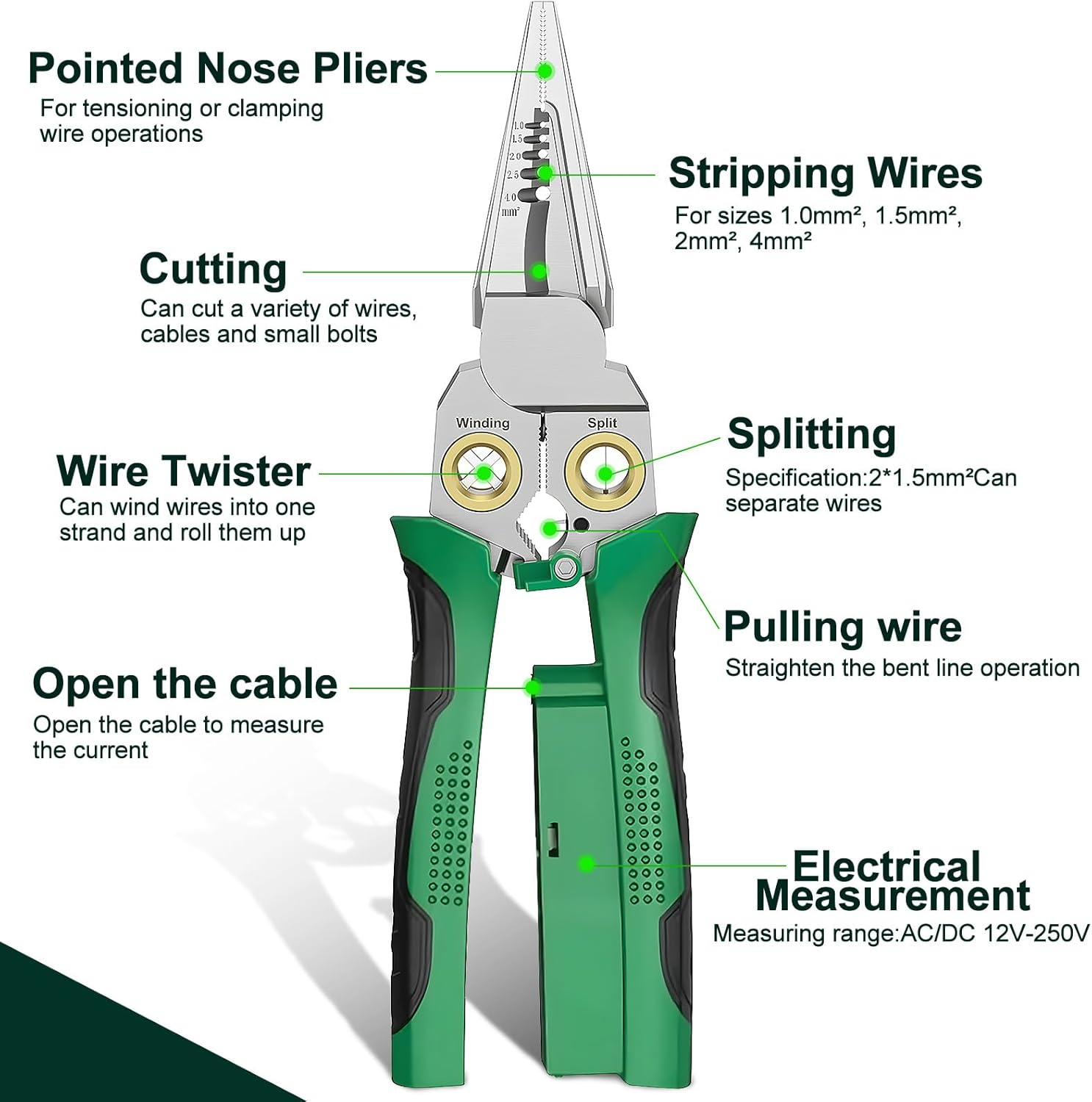 Pro 8-in-1 Wire Stripper/Cutter with Voltage Tester & Dual Alarms - Heavy Duty 12-250V AC/DC Electrical Tester for Hot/Neutral Wires - Electrician, HVAC, Car Repair Tool (Green) - Image 3