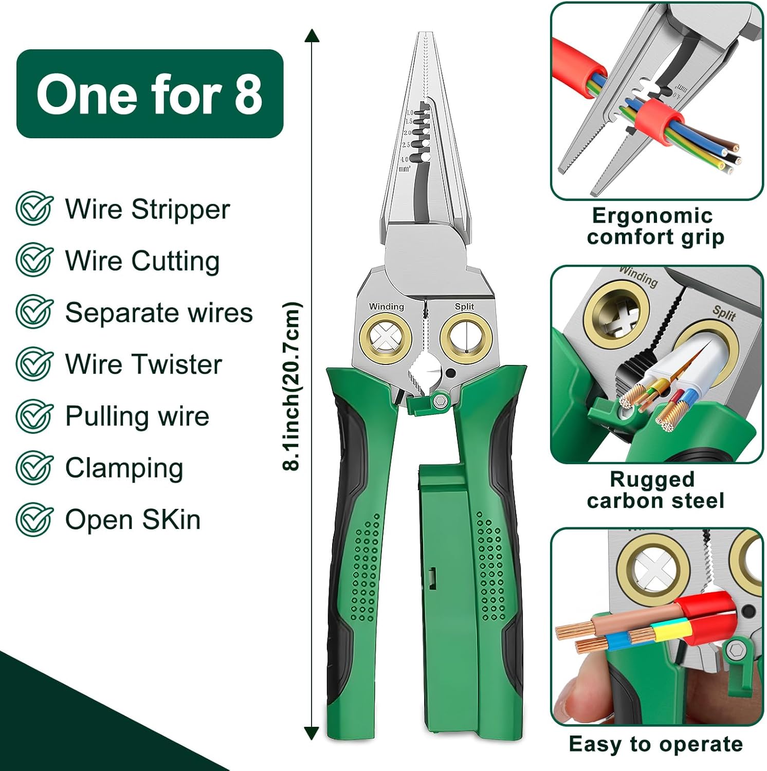 Pro 8-in-1 Wire Stripper/Cutter with Voltage Tester & Dual Alarms - Heavy Duty 12-250V AC/DC Electrical Tester for Hot/Neutral Wires - Electrician, HVAC, Car Repair Tool (Green) - Image 5
