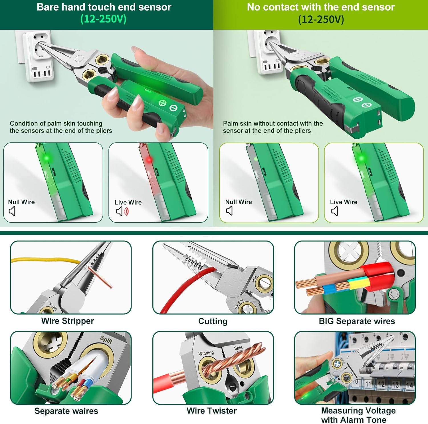 Pro 8-in-1 Wire Stripper/Cutter with Voltage Tester & Dual Alarms - Heavy Duty 12-250V AC/DC Electrical Tester for Hot/Neutral Wires - Electrician, HVAC, Car Repair Tool (Green) - Image 6